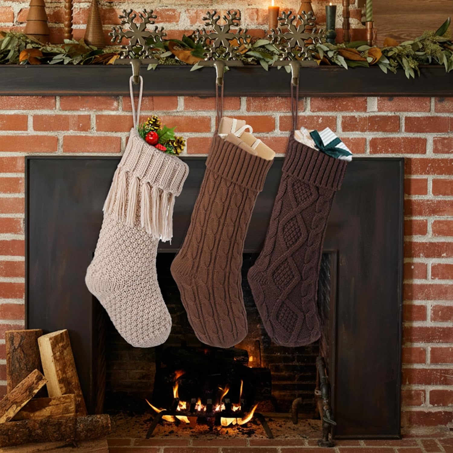 steo spce 3 Pack Farmhouse Christmas Stockings – Large 18” Rustic Boho Vintage Cable Knit Holiday Stockings in Brown and White Neutral Tones for Fireplace Mantel Hanging Family Décor