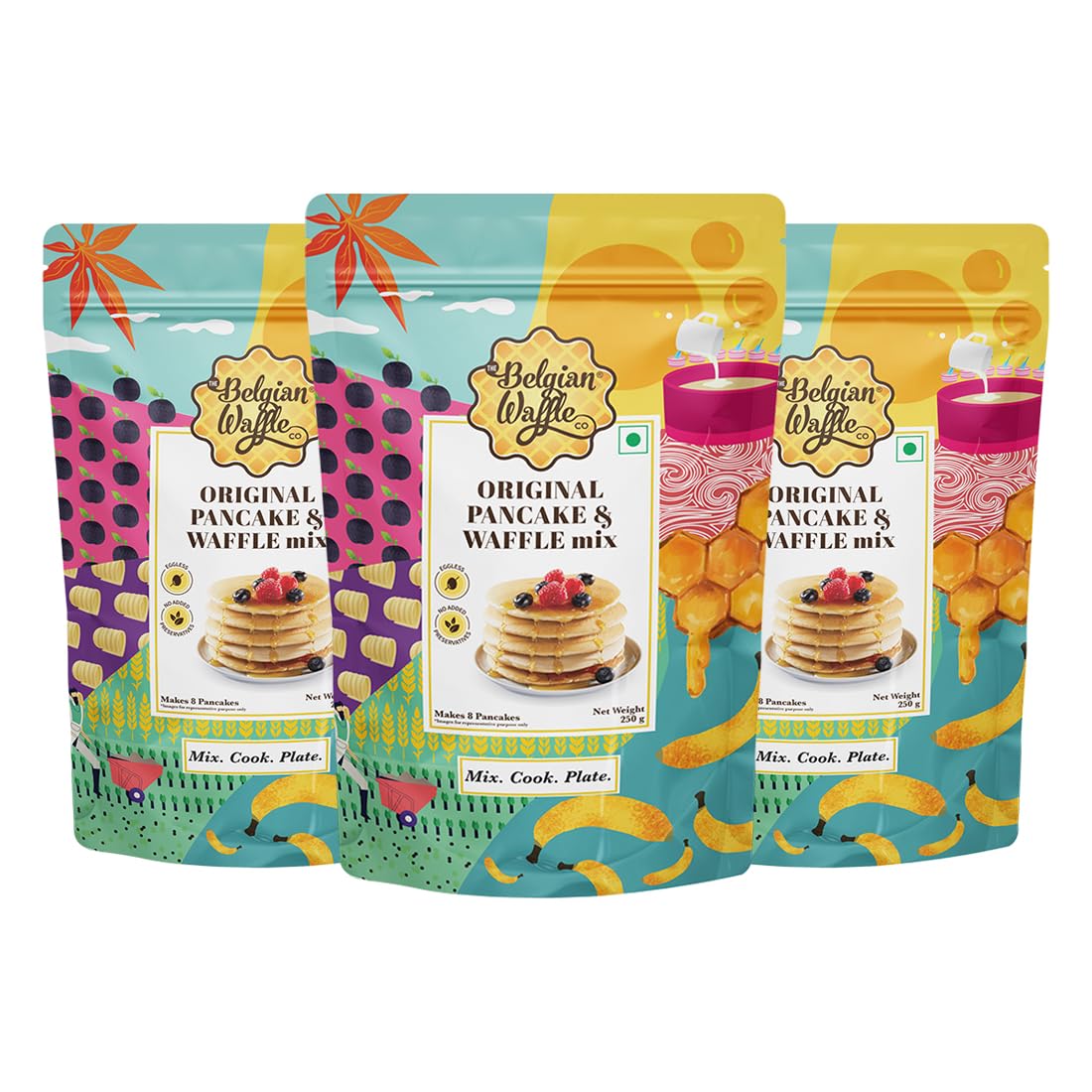 The Belgian Waffle Co Original Pancake & Waffle Premix, 100% Vegetarian and Eggless, No Added Preservatives and Organic Non Refined Sugar, Instant Breakfast Mix - 250gm (9 Pancakes Each, Pack of 3)-image-17