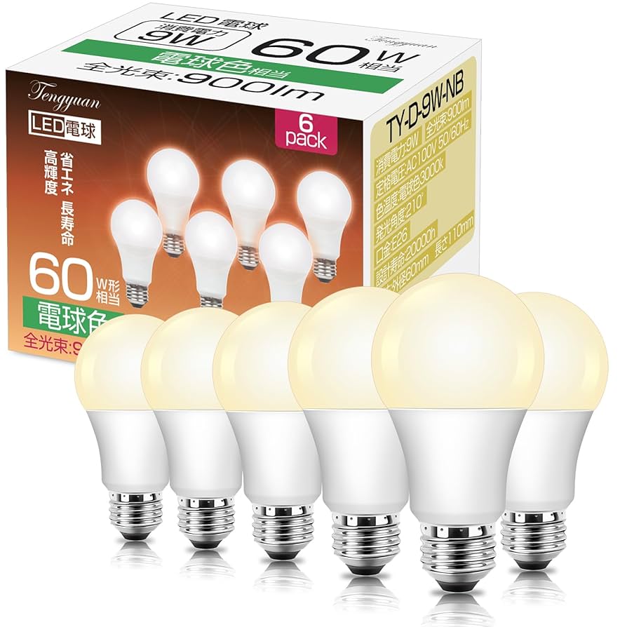 Tengyuan LED電球 9W E26 6個入り 5箱セット Amazon | Tengyuan LED電球 E26口金 9W 60W形相当 電球色 3000K