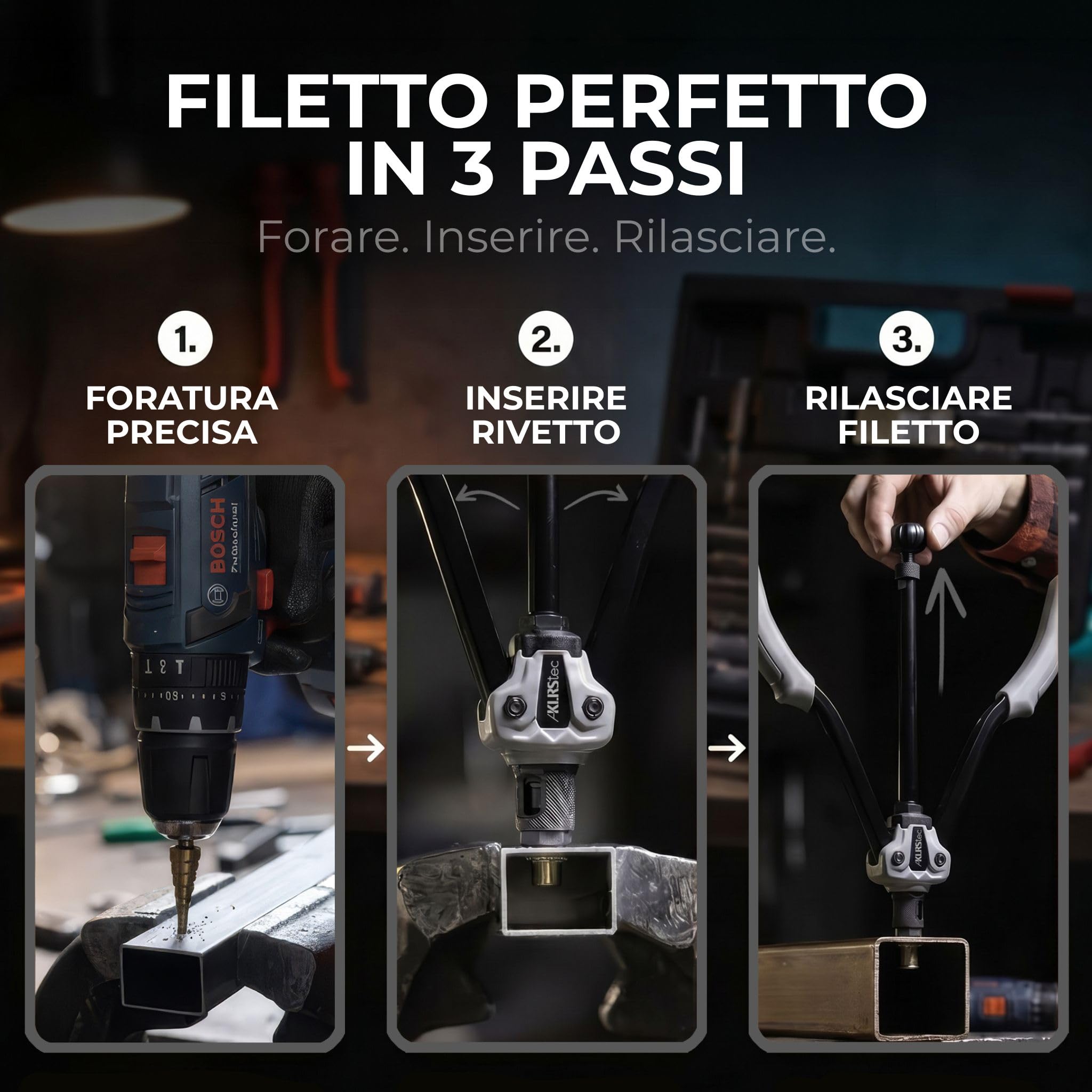 KLRStec Professional Rivettatrice per Inserti Filettati Set [M3-M12] Pinza Semiautomatica per Lavoro Più Veloce incl. 70 Inserti Filettati, Punta a Gradini e Valigetta - Kit Pro Dadi a Rivetto