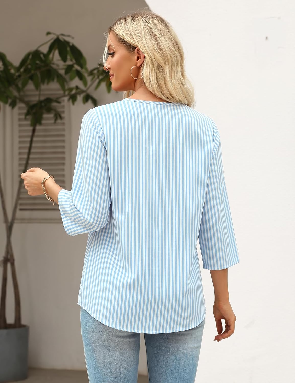 Rapbin Womens 3/4 Sleeve Tops Cotton Linen Shirts V Neck Criss Cross Tees Loose Fit Blouses Summer Fashion