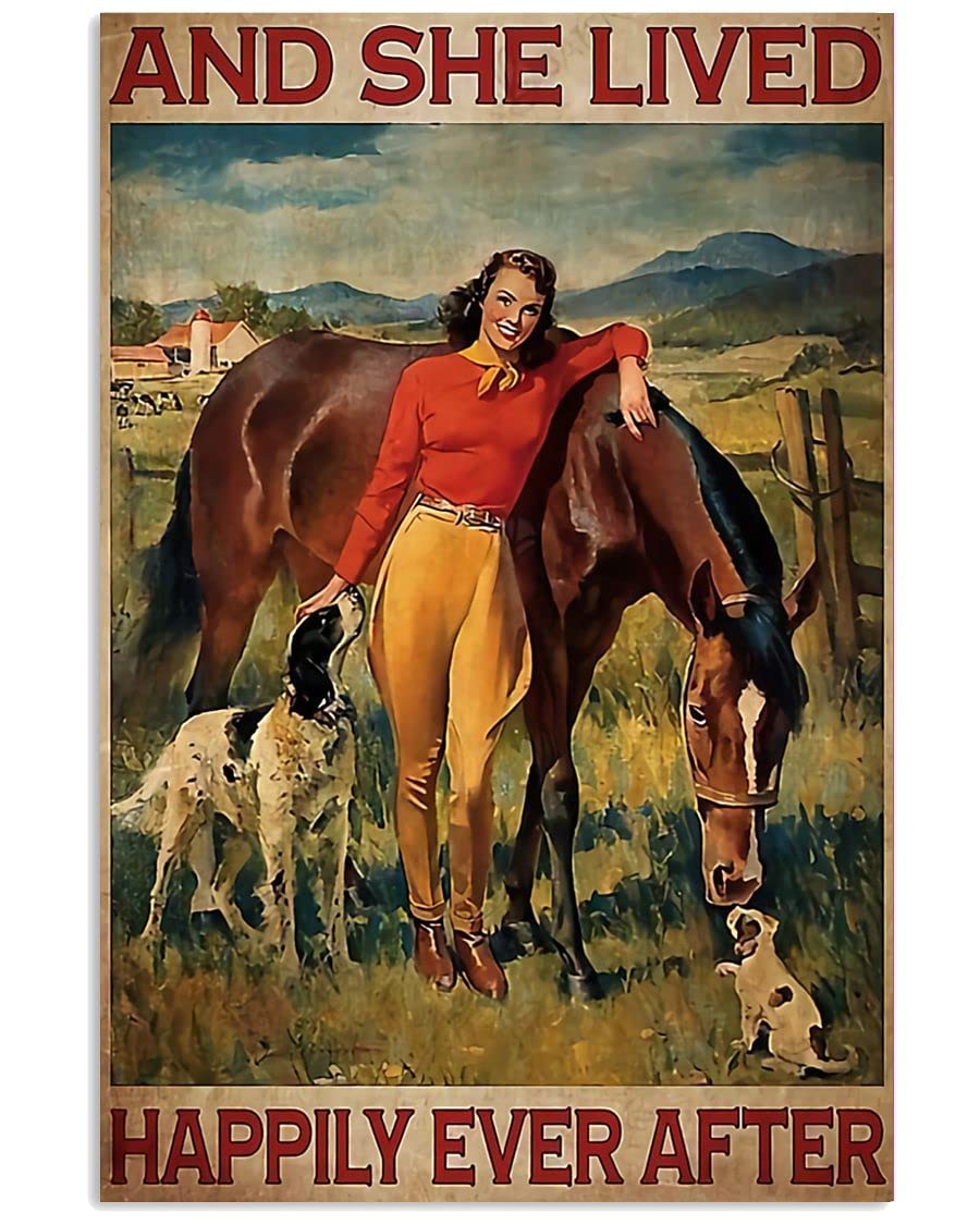 Farm Girl And Horse, And She Lived Happily Ever After Funny Sign Funny Vintage Metal Sign Poster 8X12 Inches