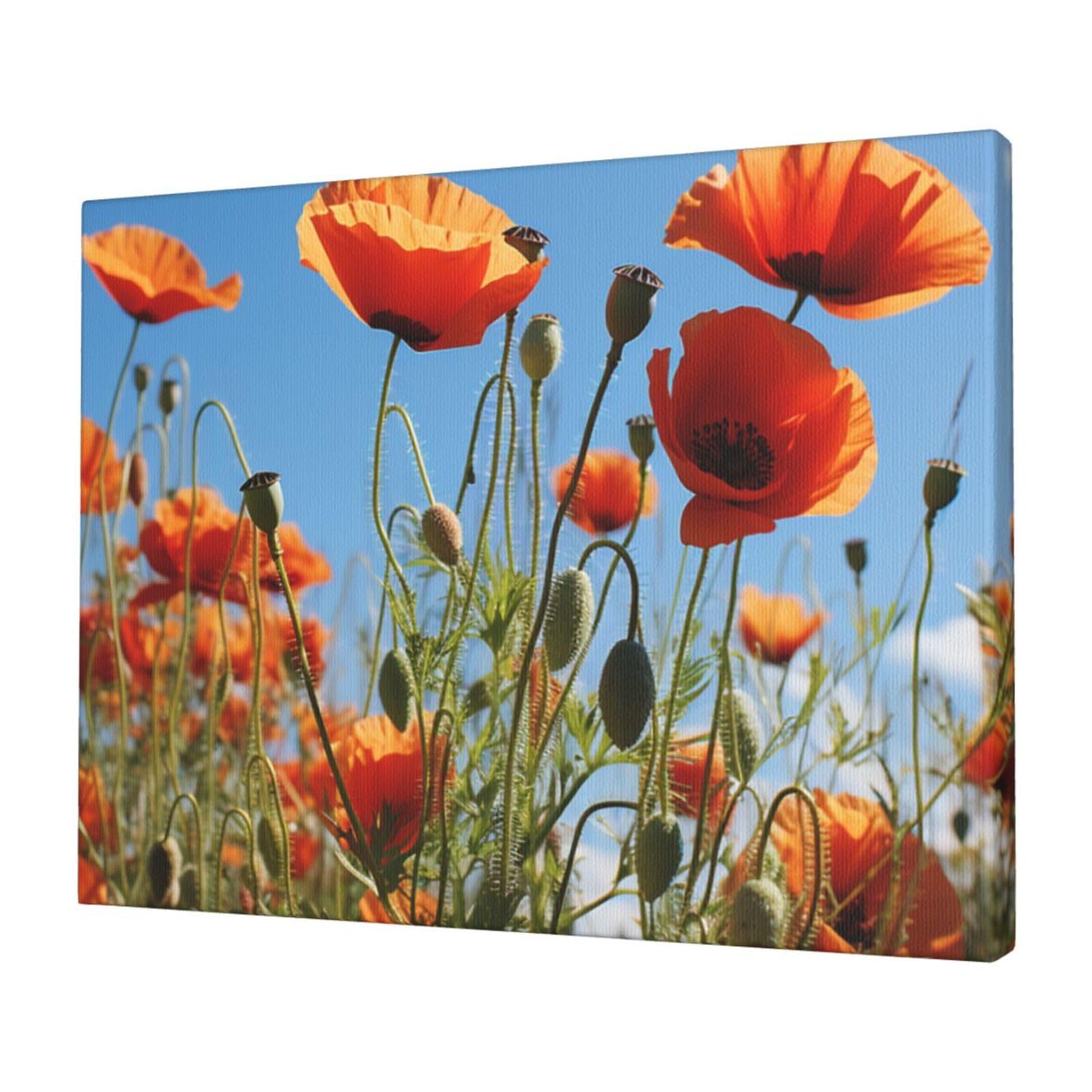 FodPand Canvas Wall Art for Living Room Wall Decor 12"x16" Modern Artwork Painting Pictures Hanging Canvas Prints Poppies on Blue Sky Aesthetic Wall Art for Bedroom Bathroom Office Wallart Decor