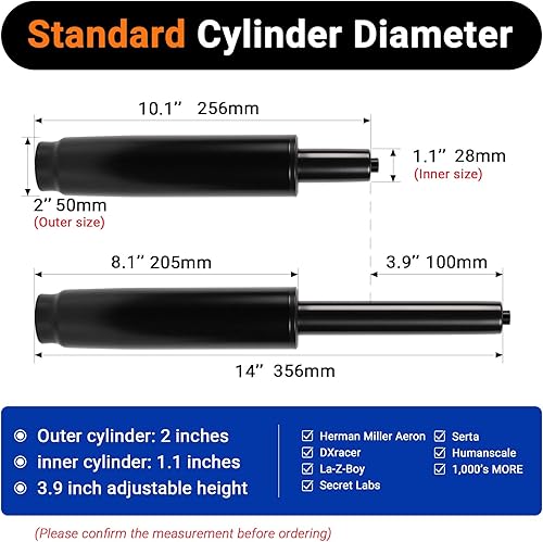 Miniatura 2 de 10.1 Inches-14 Inches Office Chair Cylinder Replacement - 3.9'' Stroke, Heavy Duty 1000lbs Class 4 Hydraulic Lift, Universal Pneumatic Piston Fit