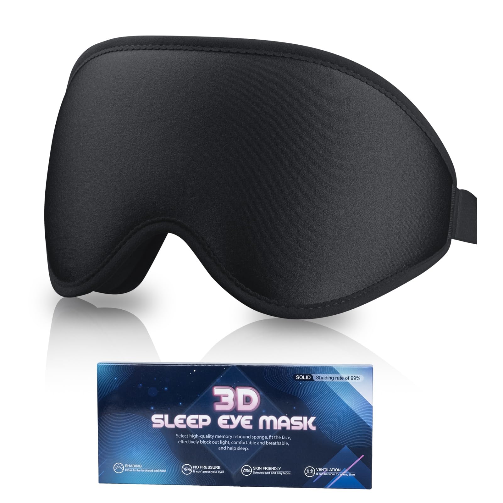 3D Contoured Sleep Eye Mask - Soft and Comfortable Light Blocking for Women and Men, Travel and Lunch Breaks (Black)