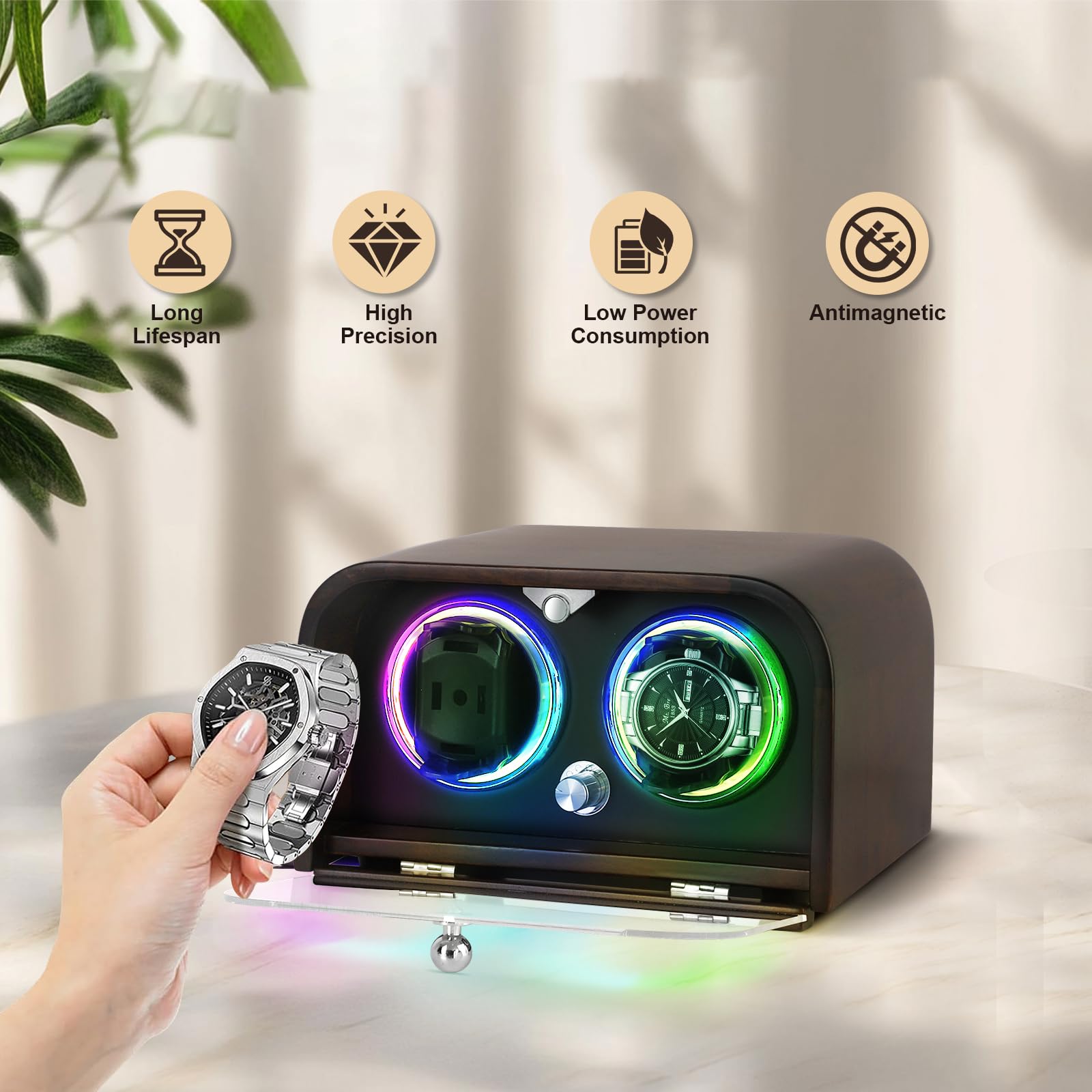 AUGMAXI Watch Winder for Automatic Watches, Luxury Black Walnut Wood 2-Slot Watch Winder Box with Anti-Magnetic Design, Ultra-Quiet Motor, 5 Mode Settings, and LED Ambient Lighting