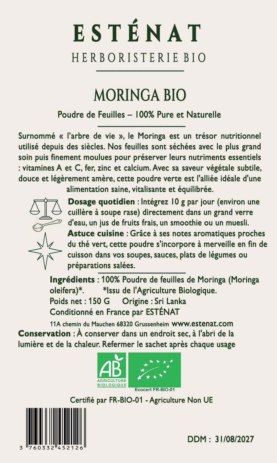 Polvo de Moringa BIO 150 g Superalimento verde puro rico en vitaminas A hierro zinc calcio