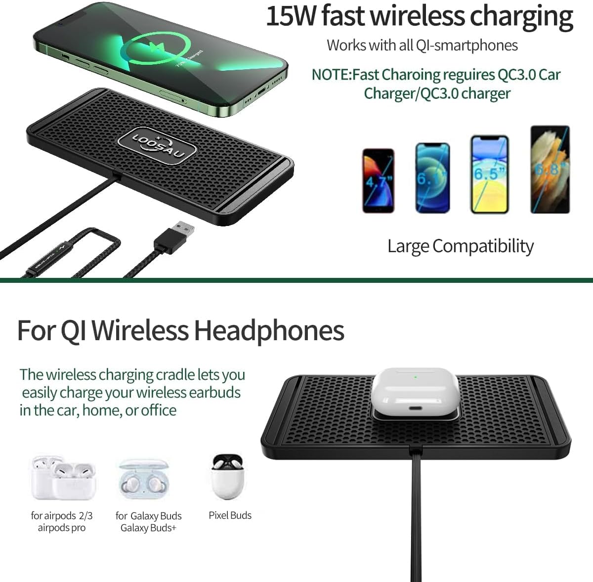 wireless car charger charging pad 15w non slip fastcharger for car wireless phone charger for android for iphone 11/12/13/14/15/16/17 pro max xs,samsung galaxy s20(1m cable) black-1m cable
