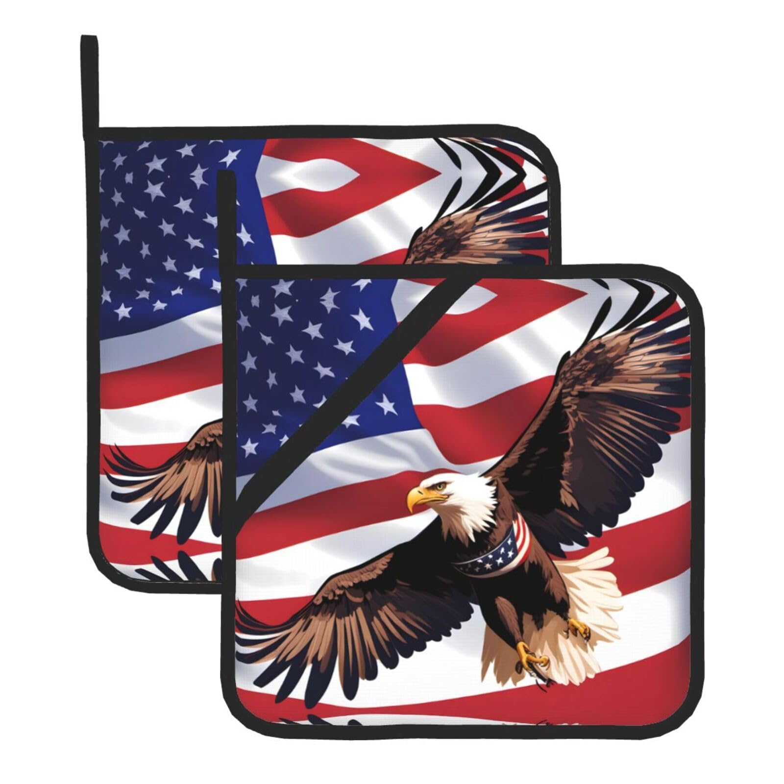 YYHWHJDE USA Patriotic Eagle with American Flag Prints Square Hot Pads for Kitchen Counter - Waterproof Pot Holders, Durable Oven Mitt Layers with Hanging Loop, Heat Resistant Trivets (2-Pack)