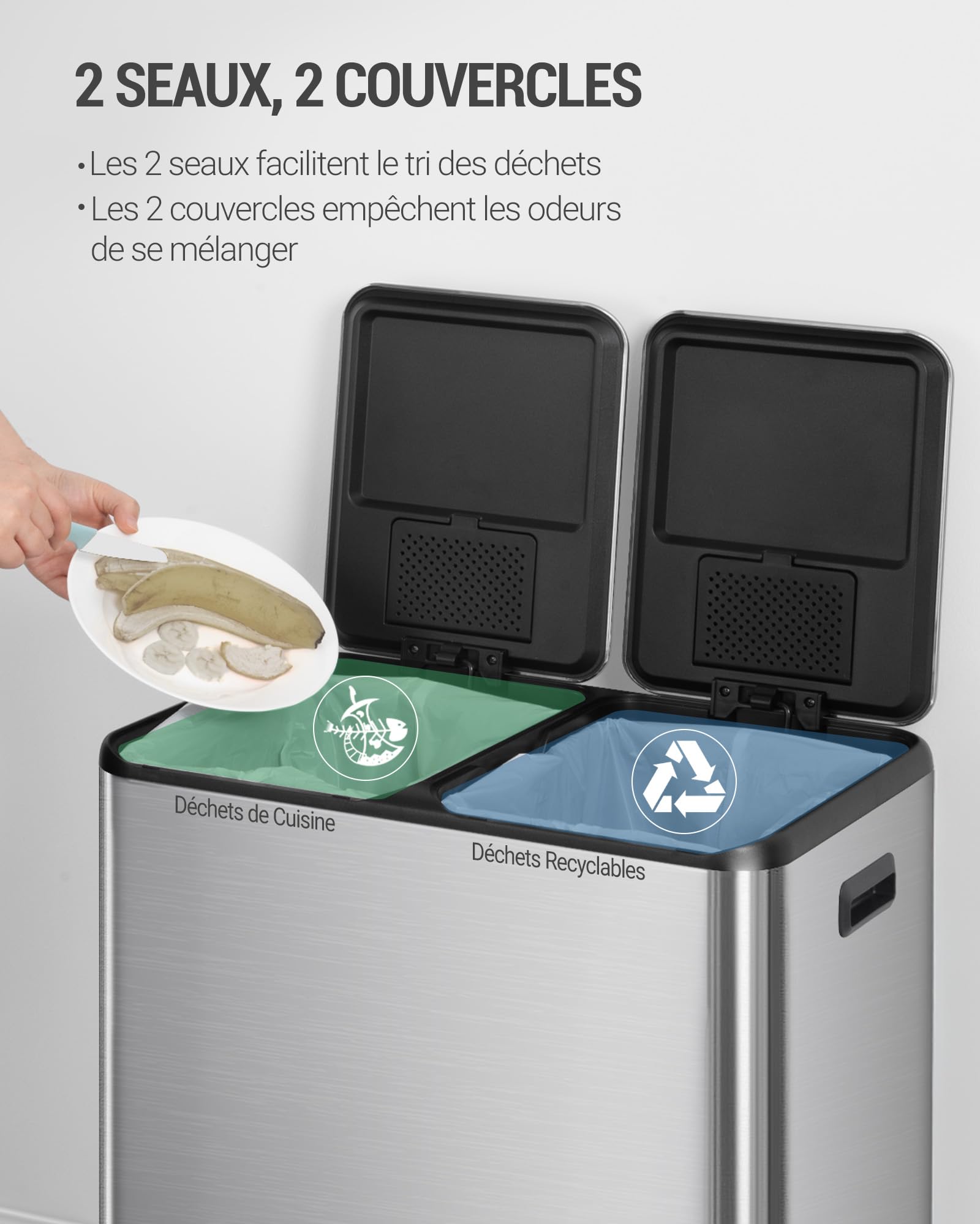 Hzuaneri Poubelle Cuisine, 60L (2 x 30 L), Poubelle Tri Selectif 2, Poubelles Tri avec Pédale Acier Inoxydable, Ilencieux et retombe lentement, avec 15 Sacs Poubelles, pour Cuisine, Argent SW06099E
