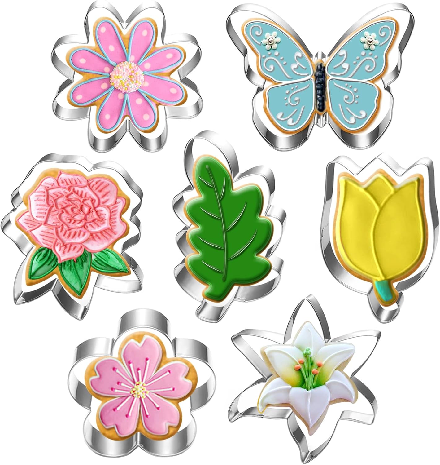 LUBTOSMN 7-Piece Stainless Steel Flower Cookie Cutters Set - Daisy, Lily, Rose, Tulip, Oak Leaf, Butterfly for Cookies & Fondant
