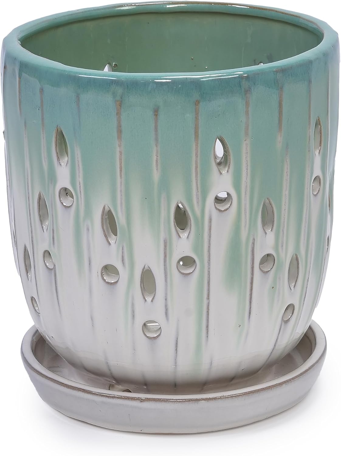 Set of 2 Ceramic Orchid Pots, 7.48 + 5.51 Inch Plant Pots with Drainage Holes and Attached Saucers, Hollow-Out Planter Indoor for Tabletop Windowsill - White Green