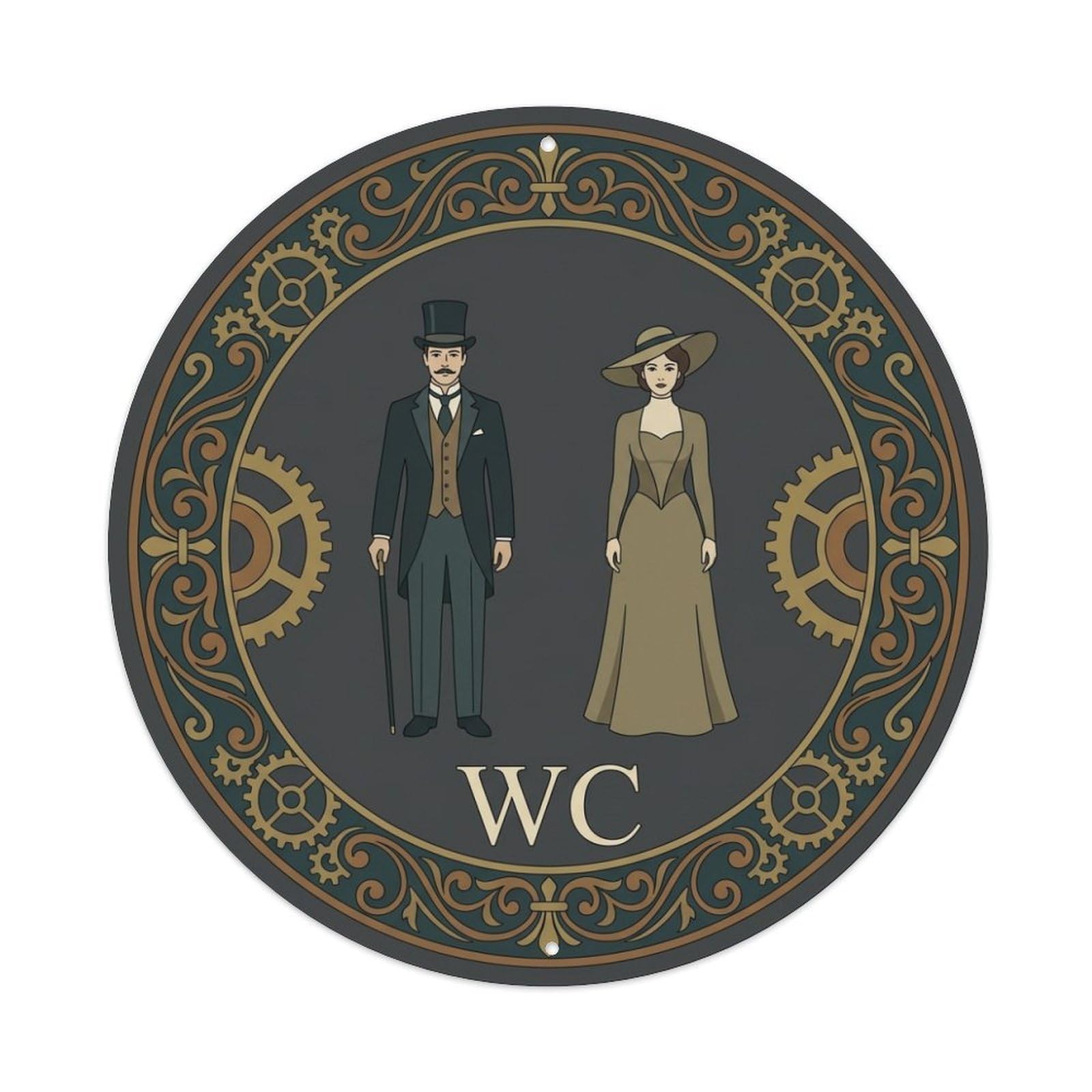Restroom Notice WC Charcoal Gold Gear Scroll Metal Tin Sign