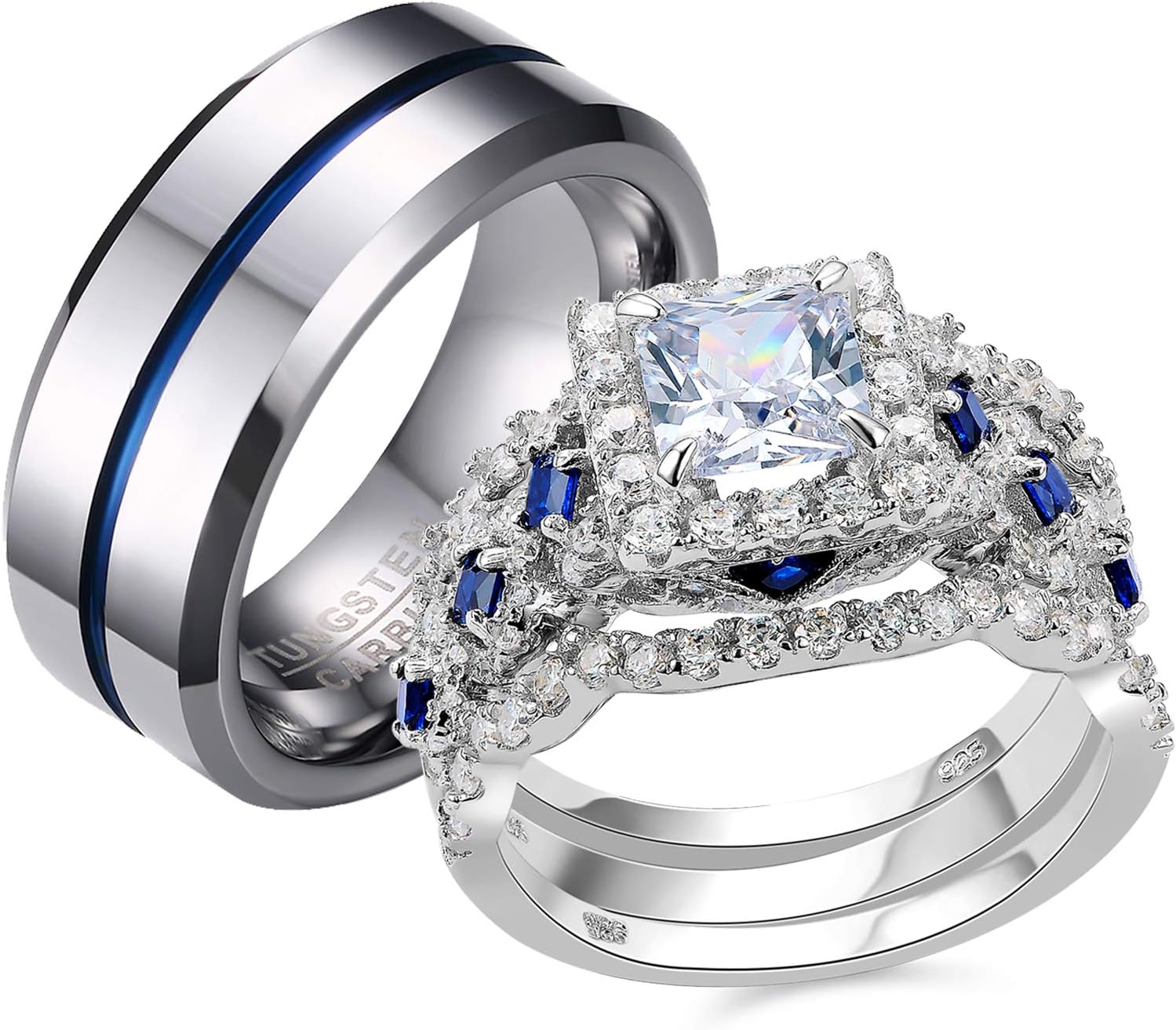 Newshe Jewellery Wedding Rings for Him and Her Cubic Zirconia Women Sets Mens Tungsten Bands 925 Sterling Silver Couple Engagement Bridal Anniversary Size 5-13