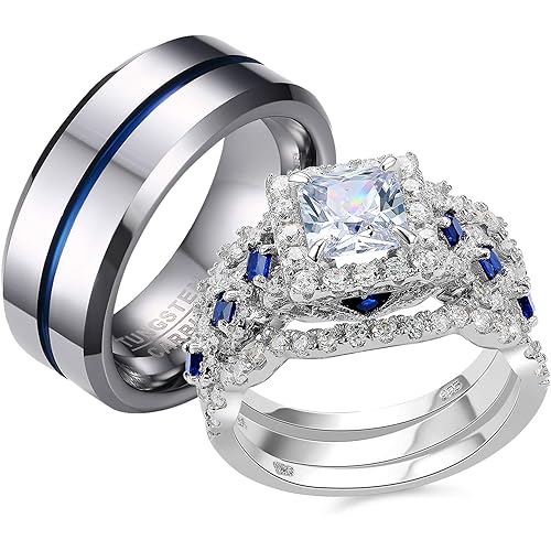 Newshe Jewellery Wedding Rings for Him and Her AAAAA Cz Women Sets Mens Tungsten Bands 925 Sterling Silver Couple Sz 5-13