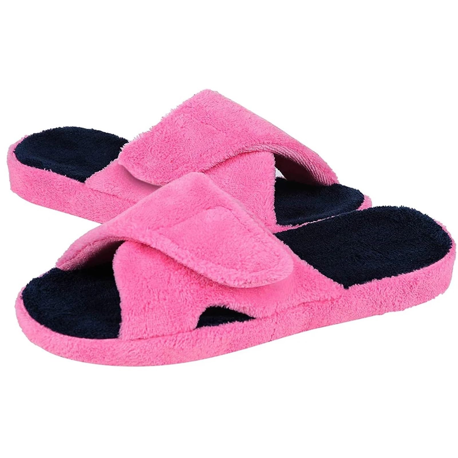 Zapatillas De Casa De Tela Zapatillas de interior difusas for mujer, zapatillas ajustables de tela de rizo con soporte for el arco, zapatos de casa con punta abierta for las cuatro estaciones Zapatill