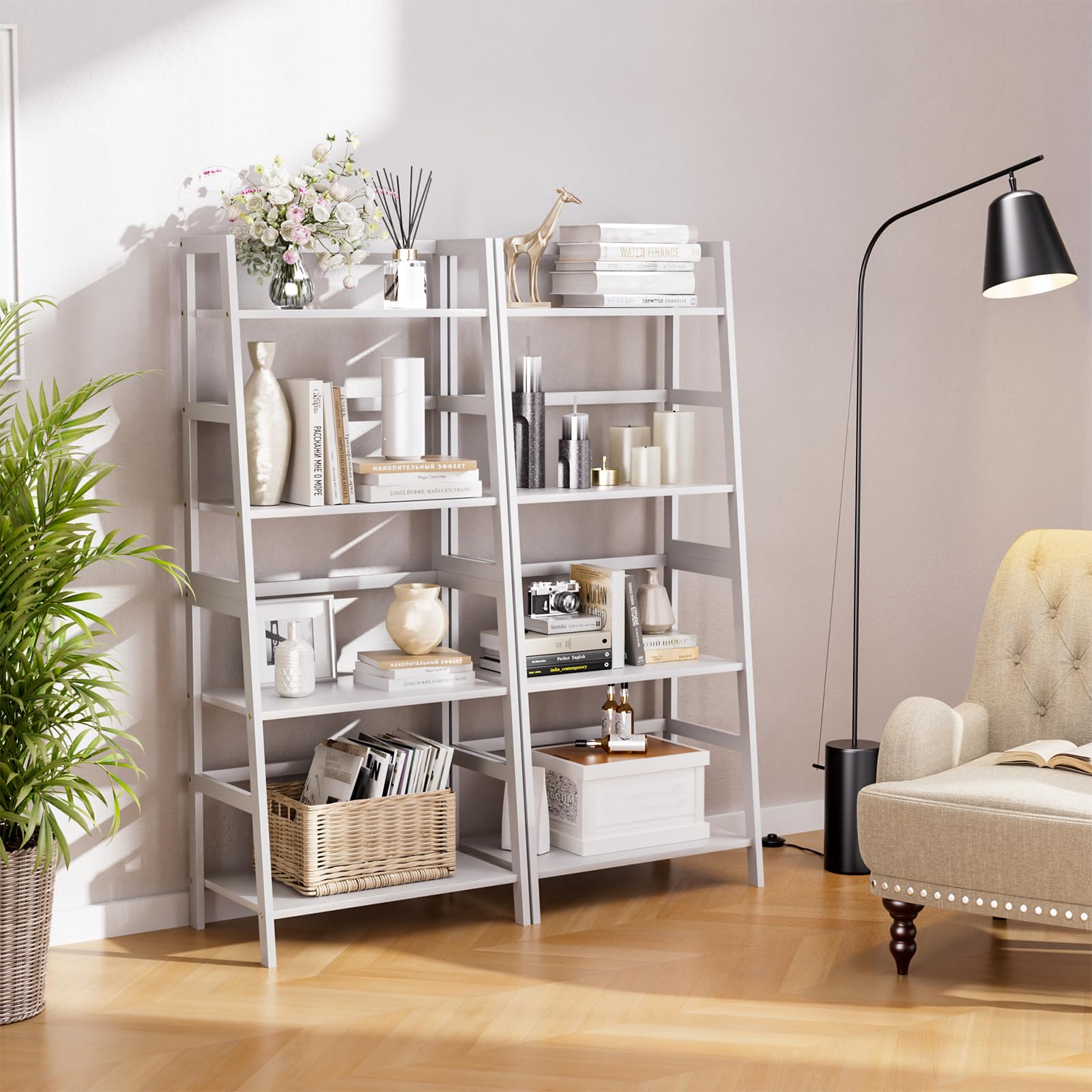 HITNET Scaffale a scala, Libreria in bambù a 4 livelli Indipendente Scaffale portaoggetti da pavimento per Bagno Cucina, Bianco