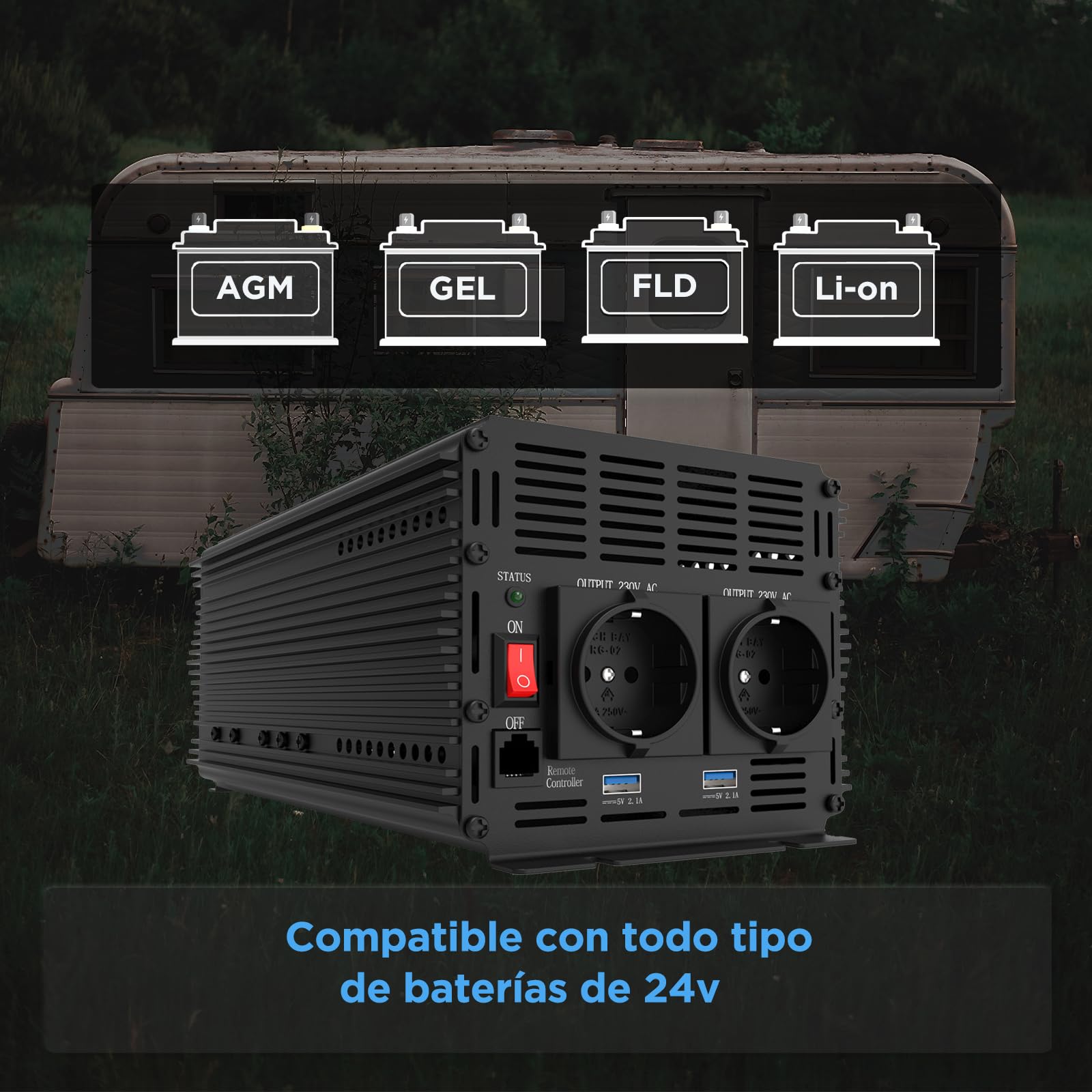 EDECOA inversor 24v 220v 2000w Mando 2X USB convertidor 24v 230v para camion Power Inverter Transformador con Sistema Aislamiento galvanico (2a generacion)