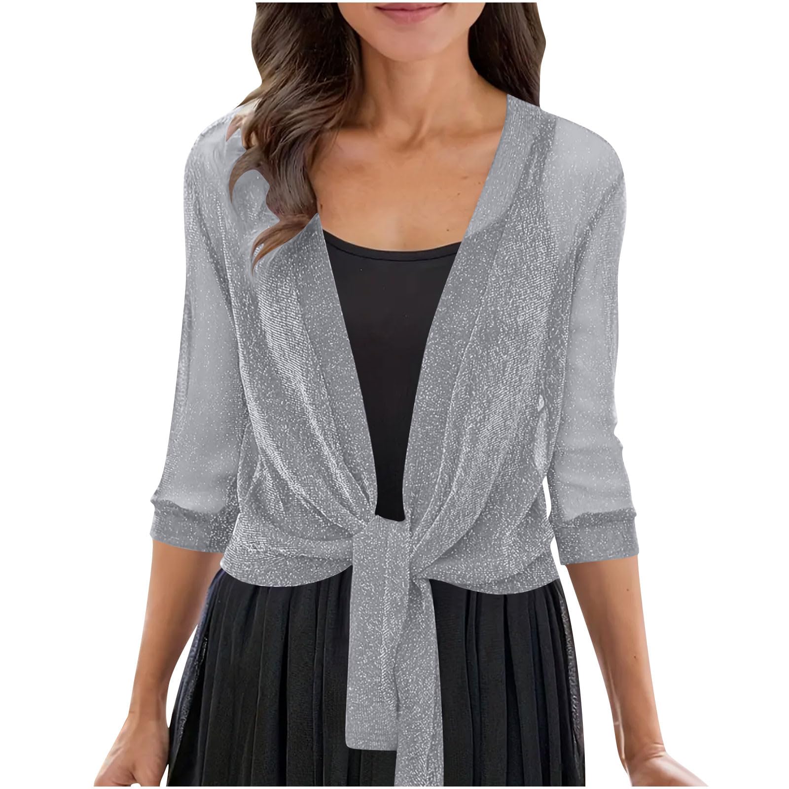 Womens Sequin Cardigan Casual 3 4 Sleeve Shinny Coat Open Front Tie Sparkle Outwear Evening Glitter Cardigans