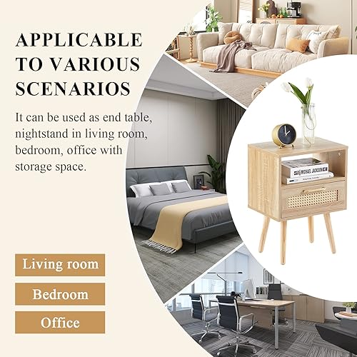 Miniatura 8 de LETESA Mesitas de noche de ratán, con cajón decorativo de ratán y estante abierto, mesas auxiliares de cama con pies de madera maciza, mesa