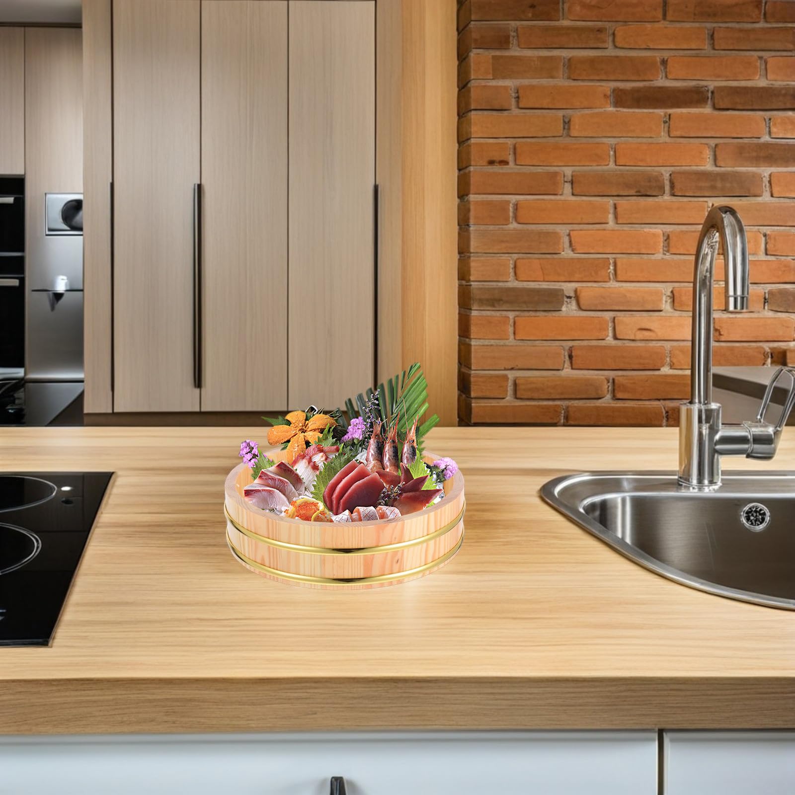 VOSAREA Holz Sushi Reis Mischwanne Hangiri 26cm mit Goldrand Robuste Sushi Oke Schale für Zubereitung und Küchenaufbewahrung in Restaurants und Zuhause