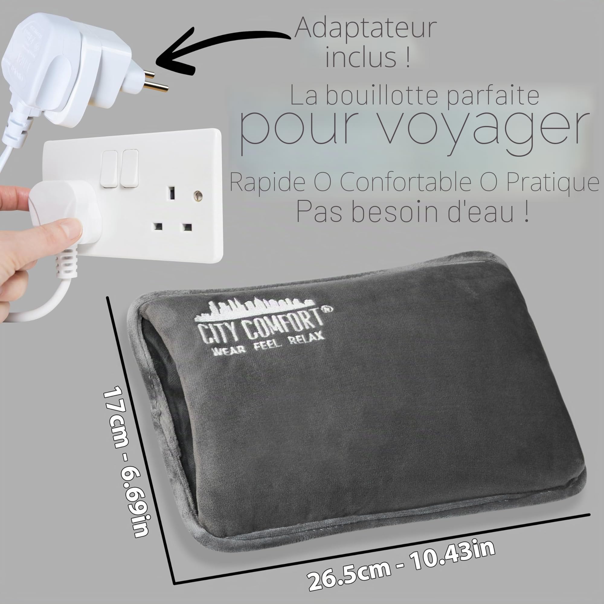 CityComfort Bouillotte Électrique Rechargeable Coussin Chauffant 6H Câble Détachable Chauffe Lit et Chauffe Main Idée Cadeau (Charbon)