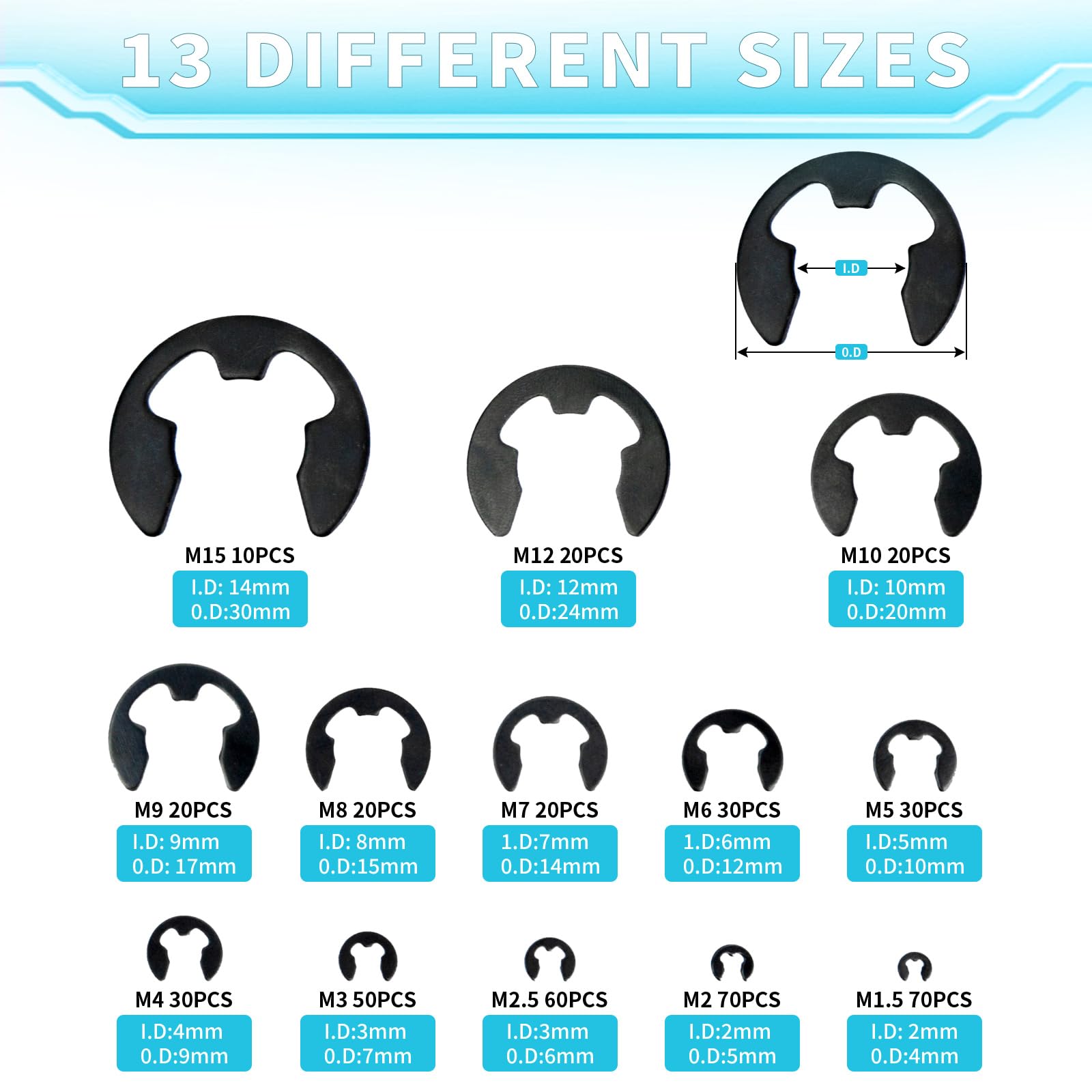 450 Pezzi E-Clip Anelli Di Sicurezza - Kit 13 Misure Con Cacciavite E Pinzette Per Riparazioni