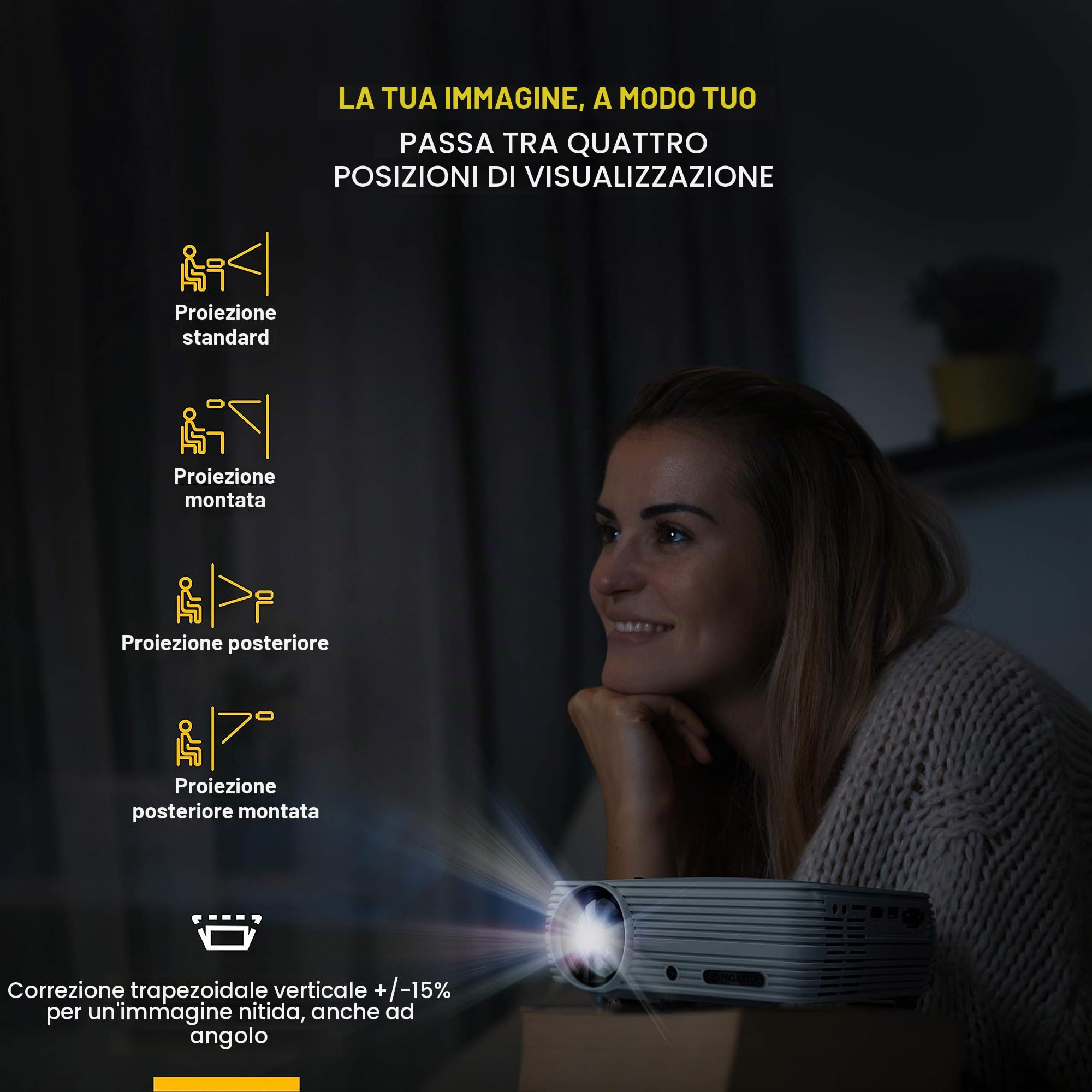 KODAK FLIK X7,Proiettore domestico (Max 1080p HD) con treppiede, custodia inclusa, compatto, progetti fino a 150 pollici, risoluzione nativa 720p e 30.000 ore, lampada LED lumen, VGA, HDMI e USB