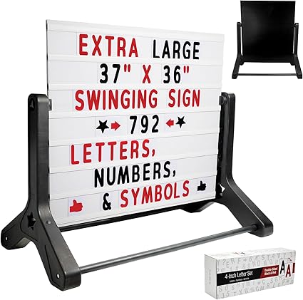 Excello Global Products Swinging Changable Message Sidewalk Sign: 37" x 36" Sign with 792 Pre-Cut Double Sided Letters and Storage Box. Includes Black Sign Board & 4 Liquid Chalkboard & Letter Board