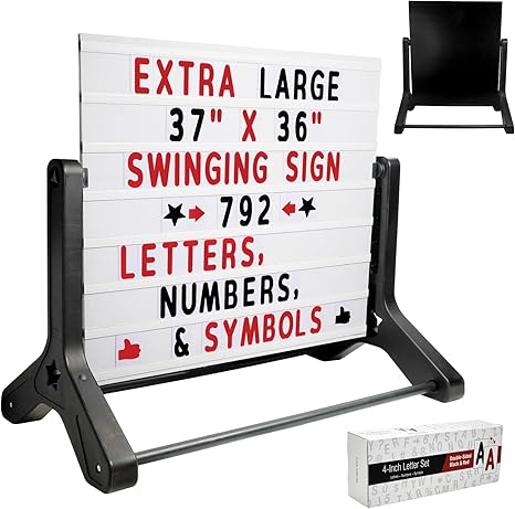 Excello Global Products Swinging Changable Message Sidewalk Sign: 37" x 36" Sign with 792 Pre-Cut Double Sided Letters and Storage Box. Includes Black Sign Board & 4 Liquid Chalkboard & Letter Board