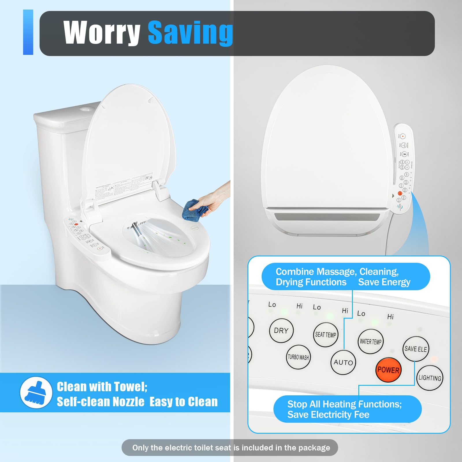 WC intelligente elettrico, toilette con dispositivo di pulizia deodorizzazione automatica temperatura regolabile massaggio intelligente per casa di cura hotel, bianco