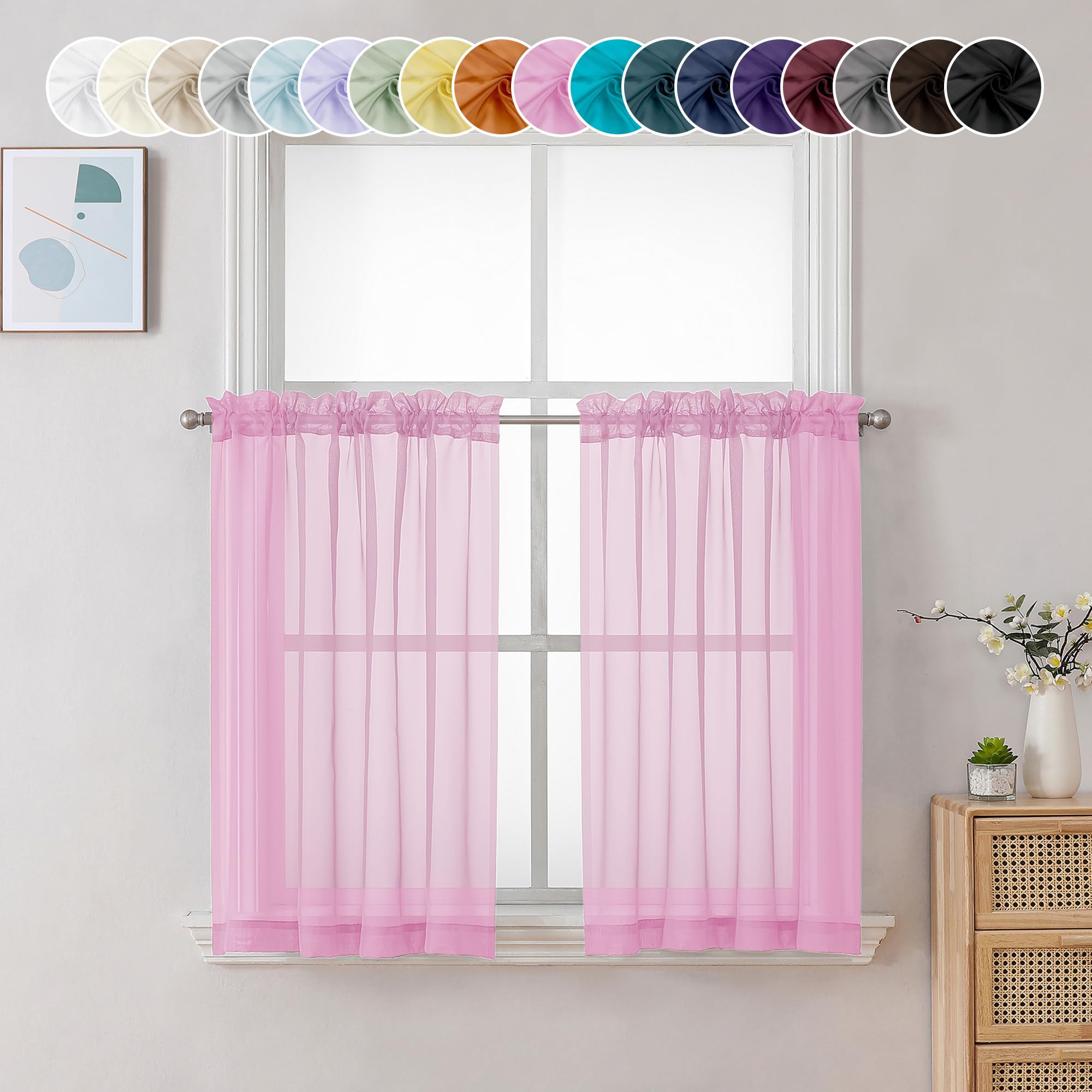 Chyhomenyc Sheer Pink Tier Curtains - 24 Inch Length, Small Window Treatment for Bathroom, Living Room, Basement - Short Rod Pocket Cafe Curtains, 42W x 24L Inches, 2 Panels