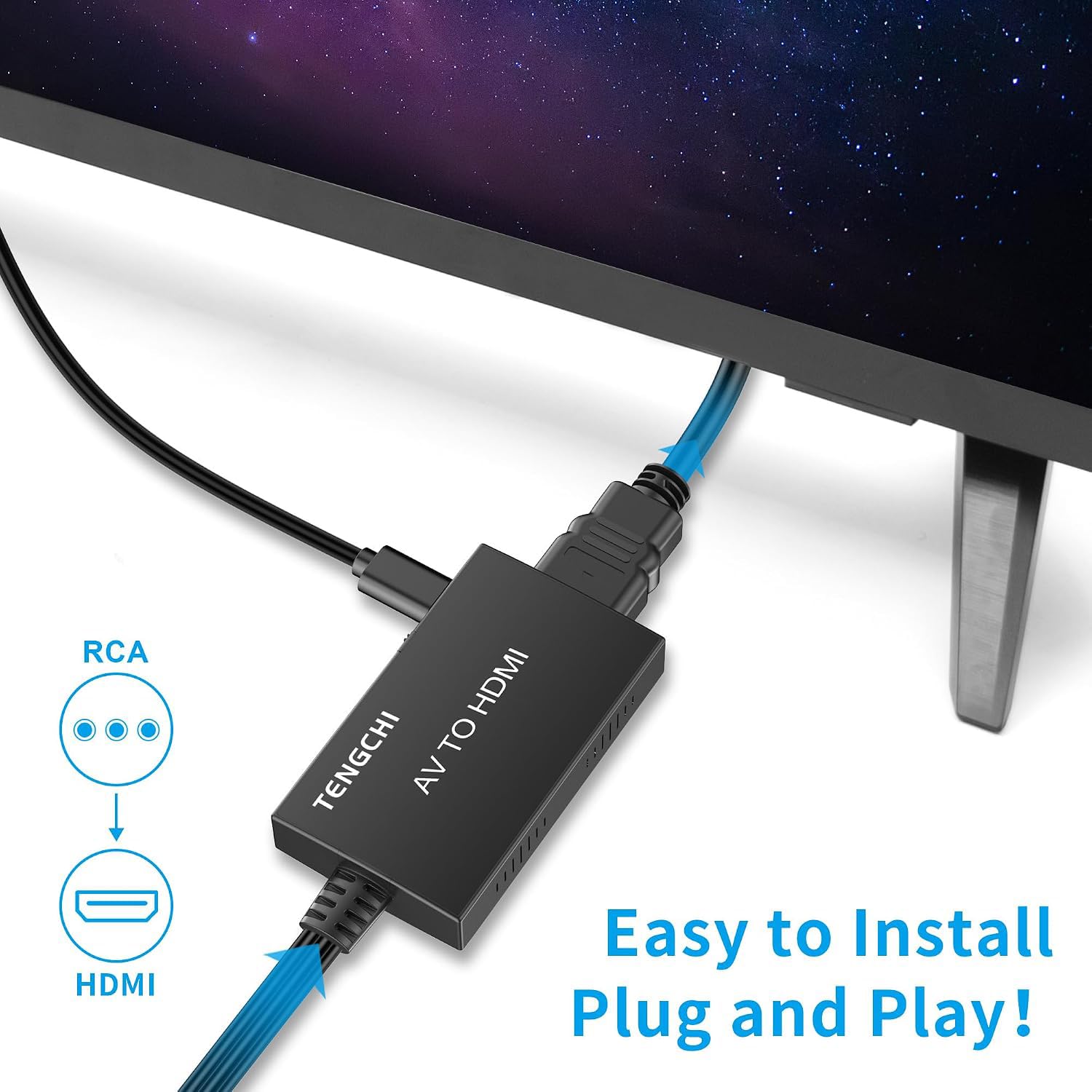 Tengchi Konwerter RCA na HDMI, adapter kompozytowy na HDMI obsługuje 1080P PAL/NTSC kompatybilny z PS one, PS2, PS3, STB, Xbox, VHS, VCR, Blue-Ray odtwarzaczami DVD, czarny
