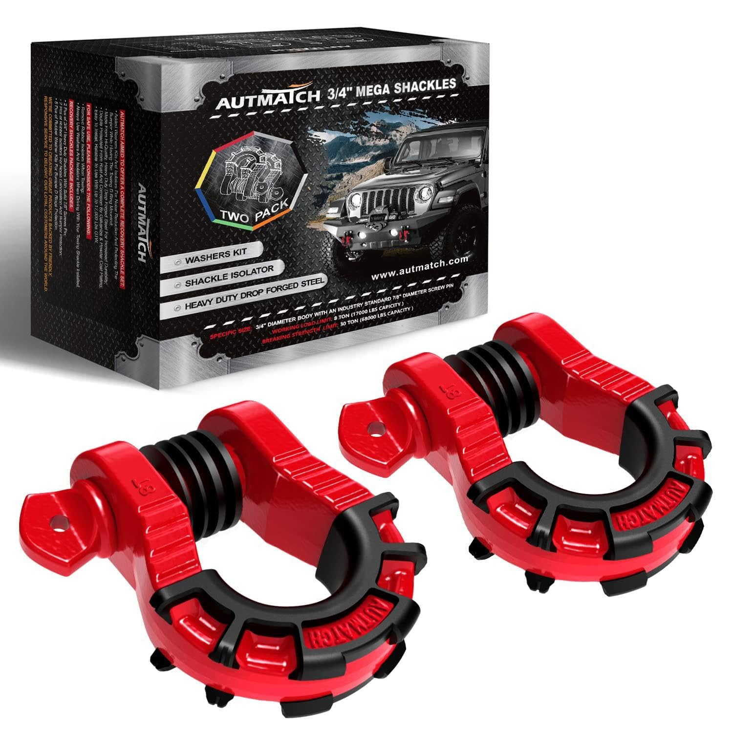 AUTMATCH D Ring Shackles 3/4" Mega Shackle (2 Pack) 68,000Ibs Break Strength - Heavy Duty Clevis Shackles with 7/8" Screw Pin and Isolator Washer for Tow Strap Winch Off Road Vehicle Recovery, Red