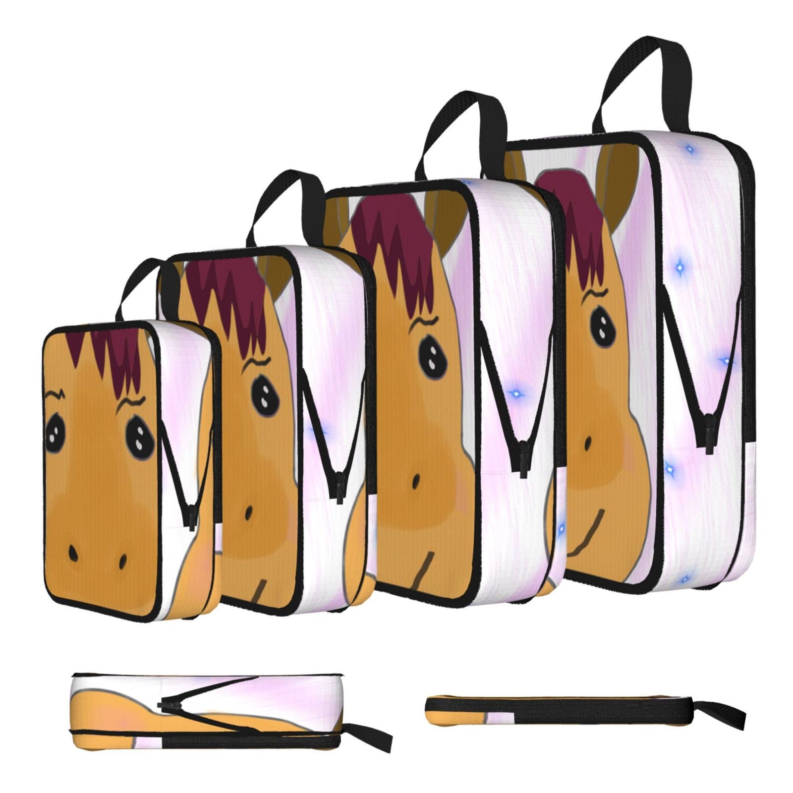 Sxzvvbn Black Cartoon Horse Head Compression Packing Cubes 4 Piece Set
