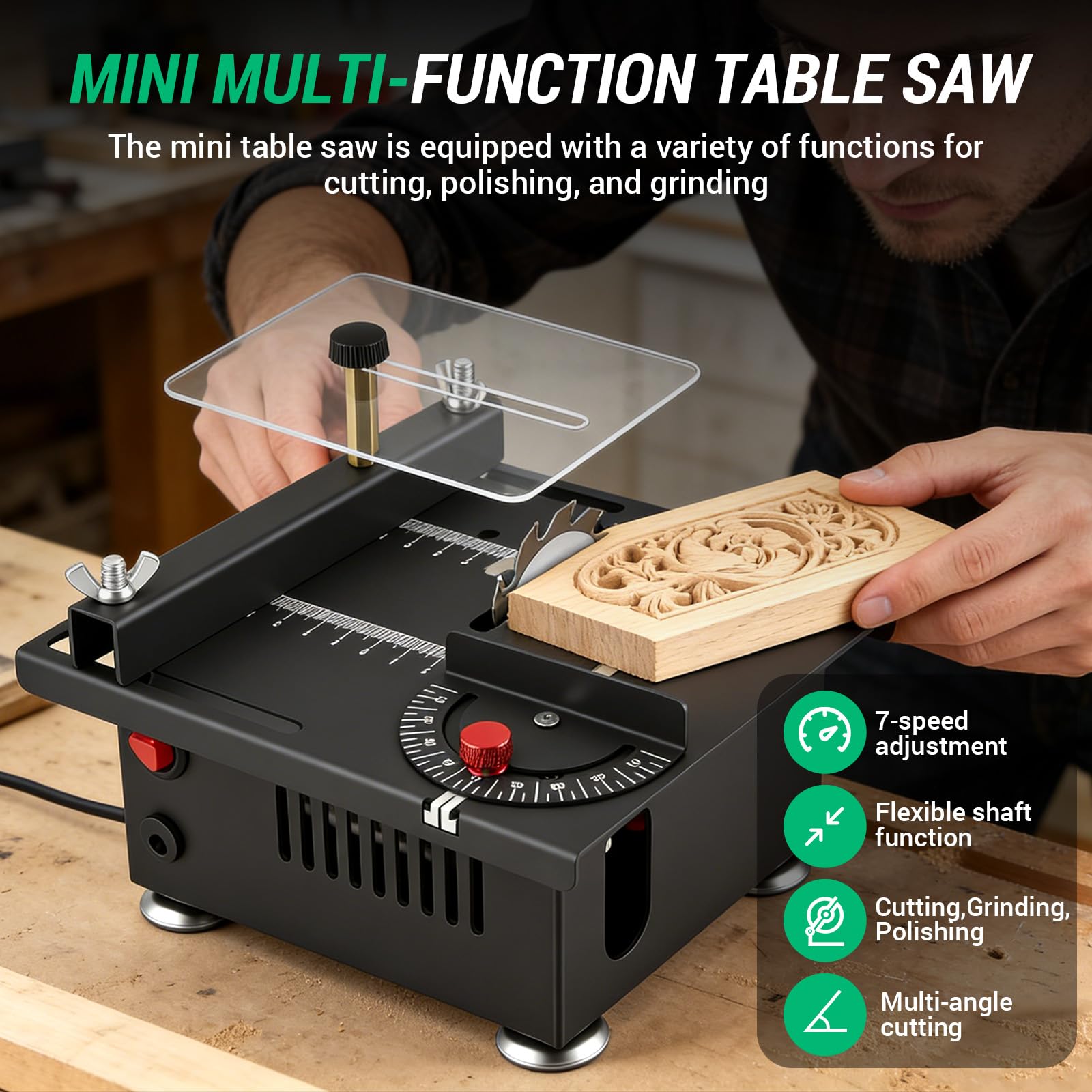 Mini Taglierina Circolare da Tavolo con 4 Lame 100W, con Alimentatore a 7 velocità, Altezza della Lama Regolabile da 0,1 a 16 mm, taglierina Circolare Multifunzionale e Portatile
