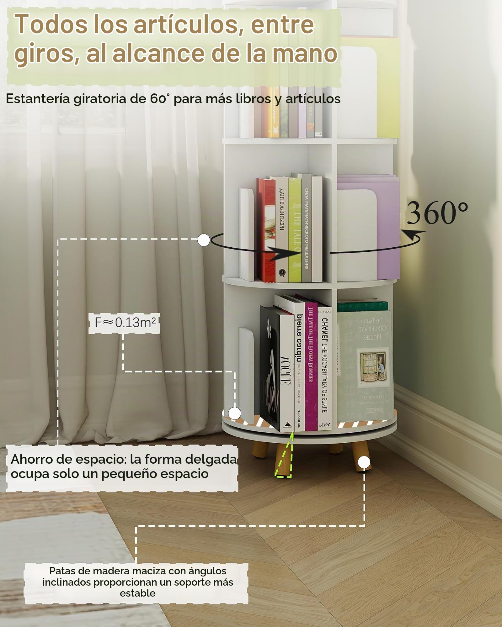 Estanteria Libros Blanca, Libreria Estanteria Giratoria de 360 Grados, Estantería Giratoria Libros con 20 Espacios Abiertos y 3 pies móviles de Madera(40 x 40 x 165 cm)