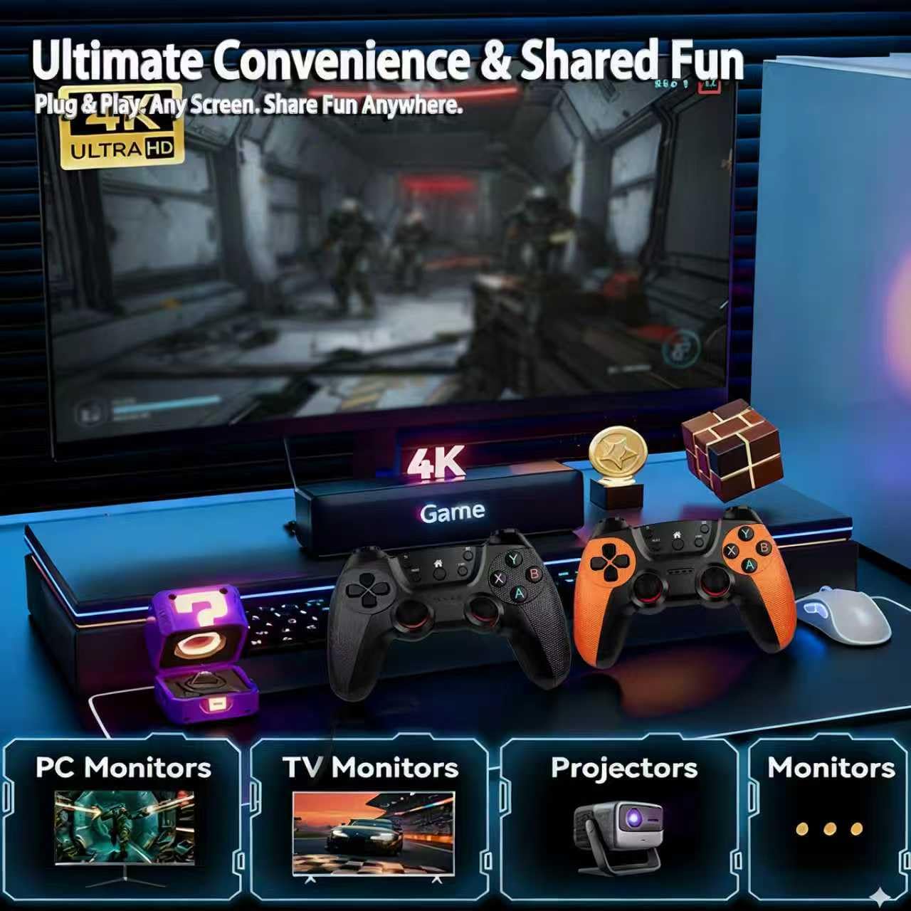 Mldnld Console Retrogaming de 30000+ jeux classiques intégrés, 4K HDMI console de jeux avec plus 2 manettes sans fil, 23 émulateurs Jeux Stick Plug & Play TV - 4