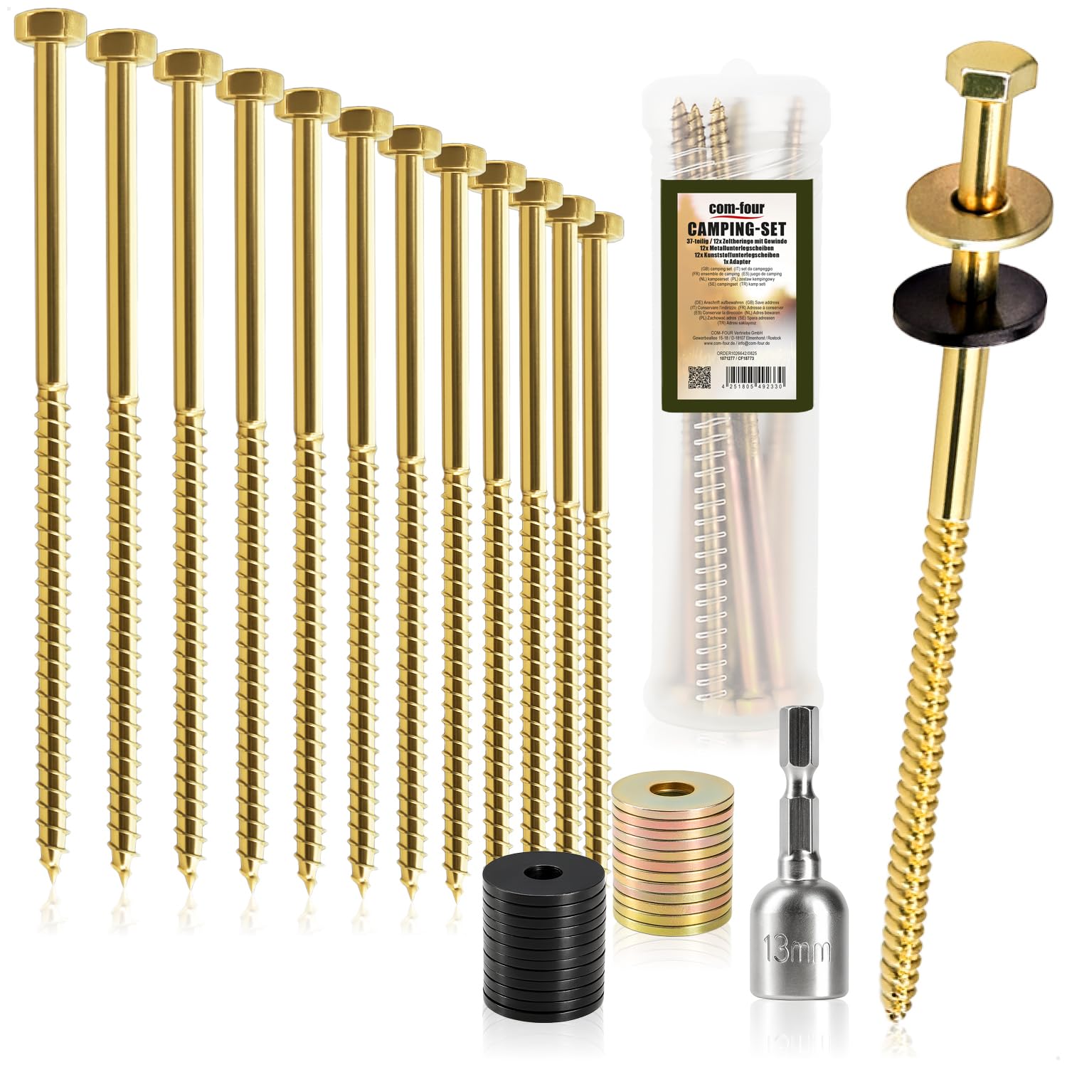 com-four® 37-teiliges Zeltschrauben-Set - 12 Schraubheringe mit 1 magnetischem Steckschlüssel, 12 Metall- & 12 Kunststoff-Unterlegscheiben - Outdoor-Befestigung für Zelt, Markise & Vorzelt