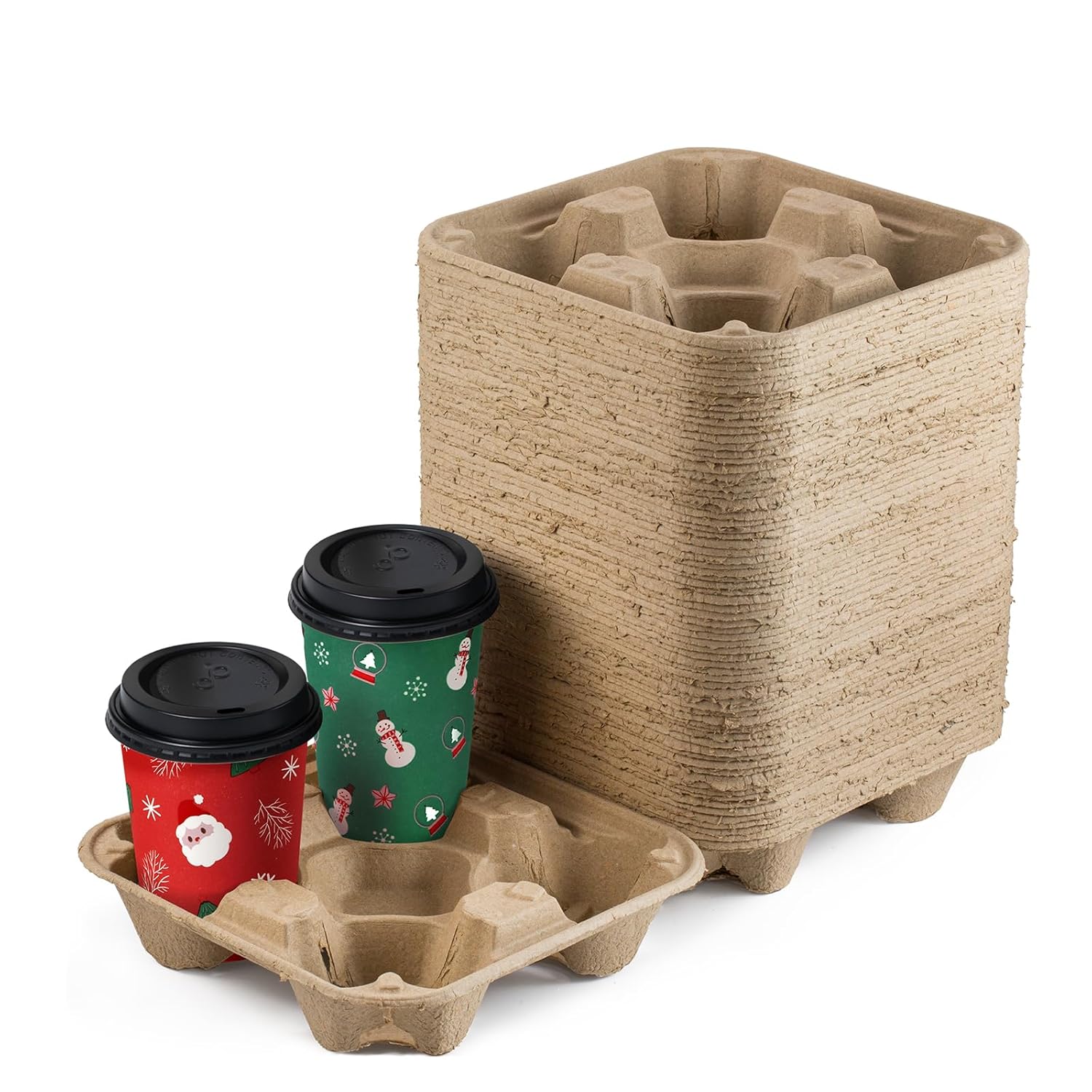 FMP Brands 4 Cup Disposable Drink Carrier Trays, 45 Pack Compostable Pulp Fiber Cup Holder for 8-32 oz Cup, Durable to Go Coffee Cup Holders for Delivery Service, Uber Eats The Forest Stewardship Coun