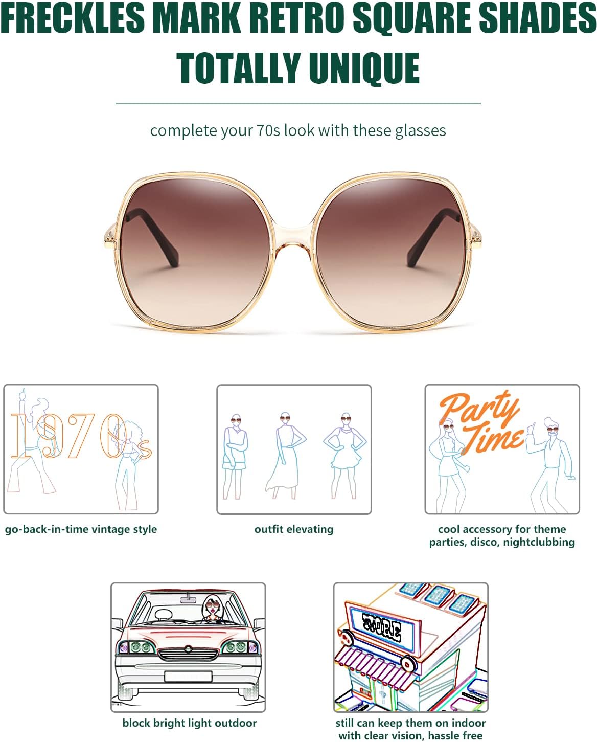 Freckles Mark 70s Super Oversize Square Sunglasses for Women Vintage Rectangular Plastic Frame - Image 4