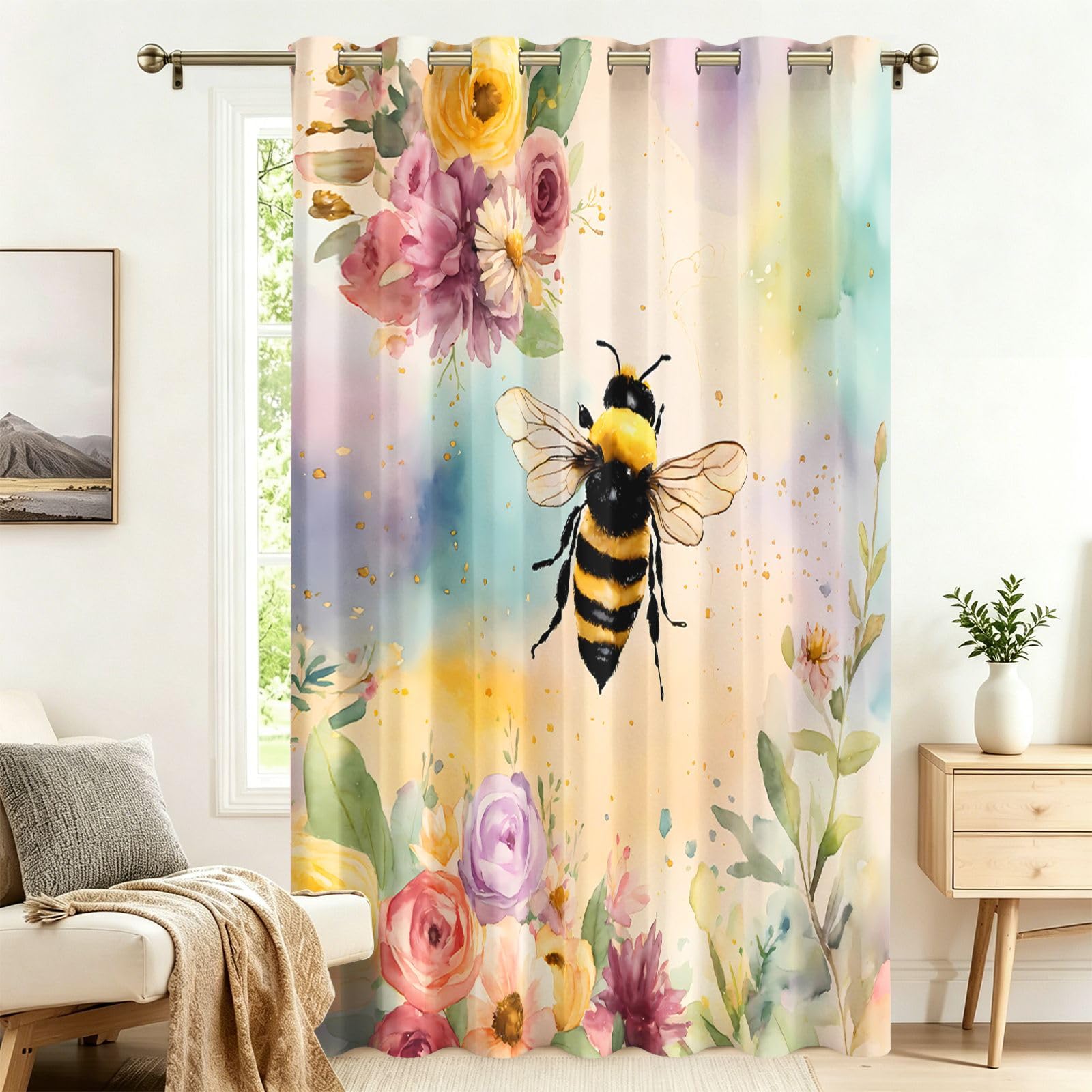 Fadaing Flowers and Bees Blackout Curtains with Eyelets, 1 Piece, Extra Wide Living Room Door Curtain, 220 x 300 cm, Privacy Screen, Opaque, Patterned, Against Heat, Darkening Room Divider