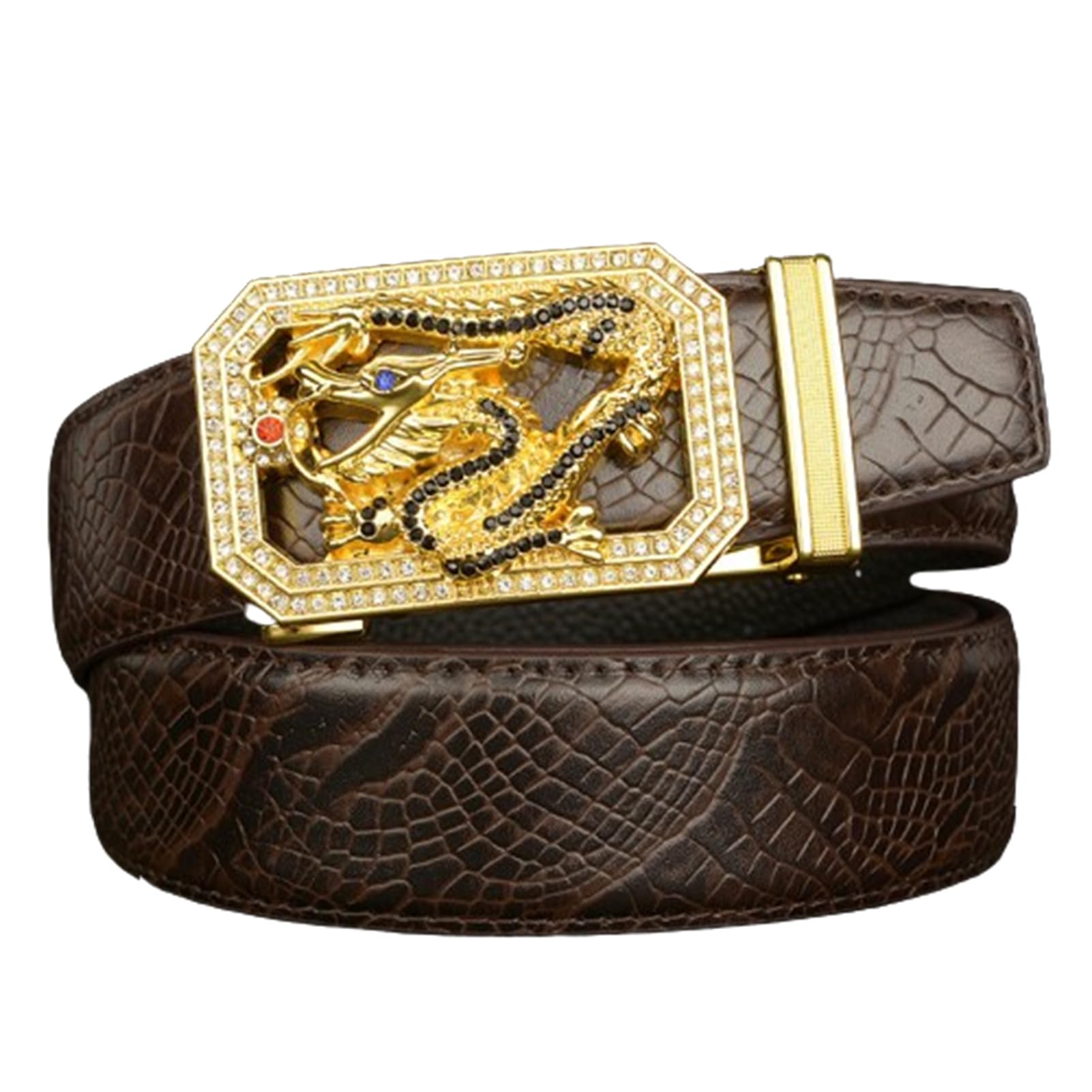BDAYEK Men's Belt Men'S Belt Ratchet Embossed Crocodile Paw Pattern Leather With Automatic Sliding Buckle Fashion Set Black(Coffee,110Cm/43)