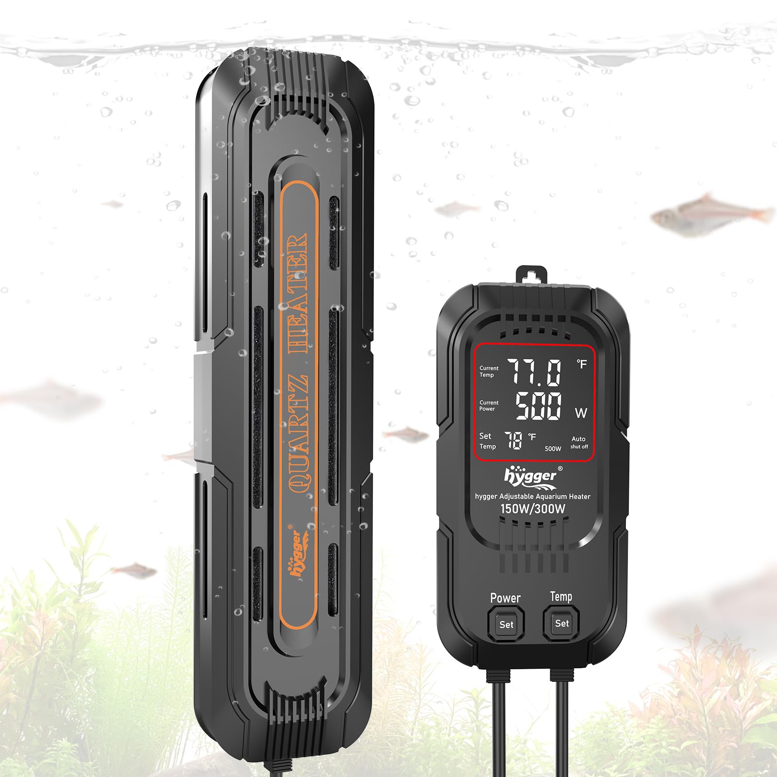 hygger Pręt grzewczy do akwarium, regulowany 600 W/1200 W, dwustopniowa regulacja mocy, grzejnik do akwarium, do akwariów słodkich lub morskich o pojemności 500 – 900 litrów