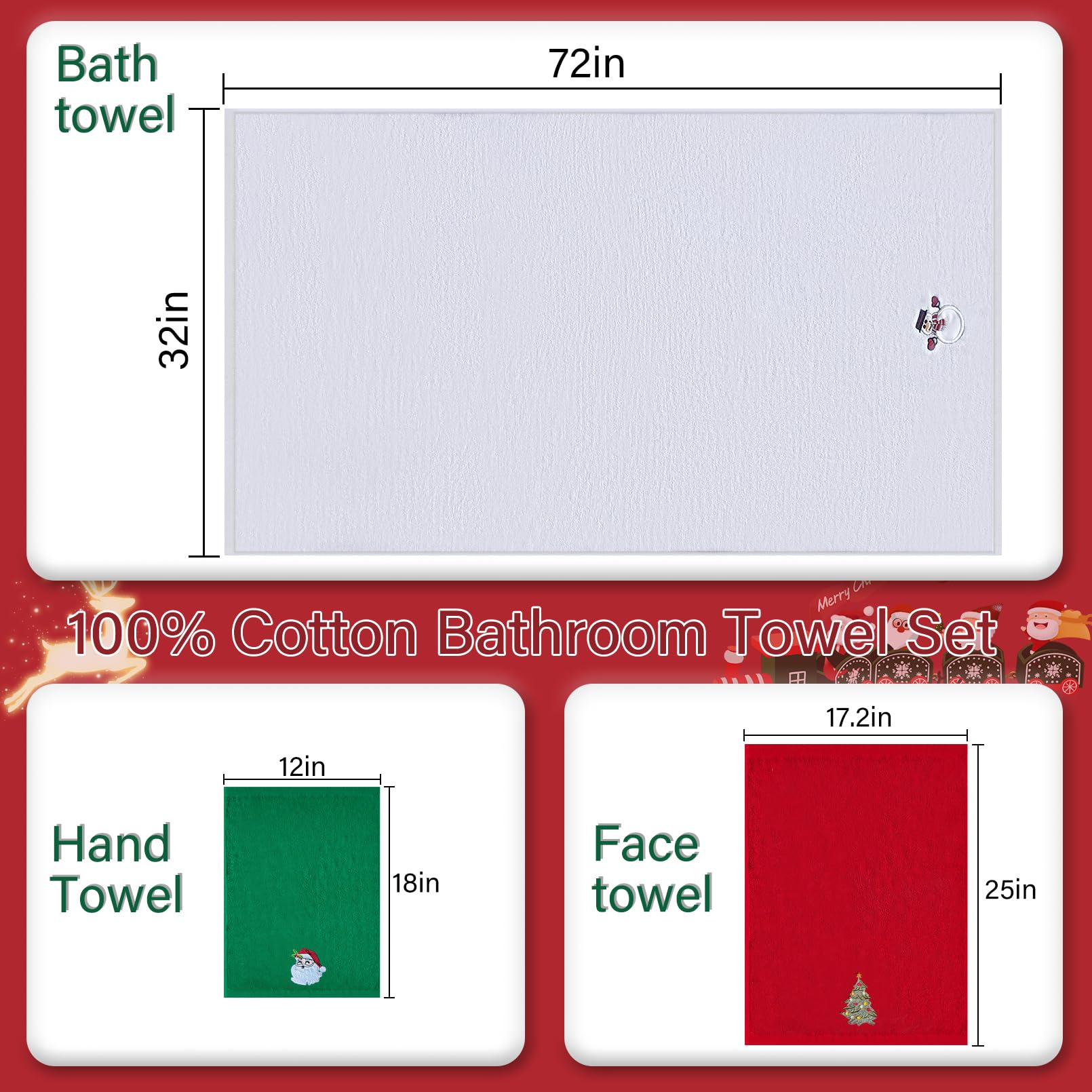 Christmas Hand Towels Set Of 3 – 100% Cotton, 17.2x25 Inches, Embroidered Holiday Designs