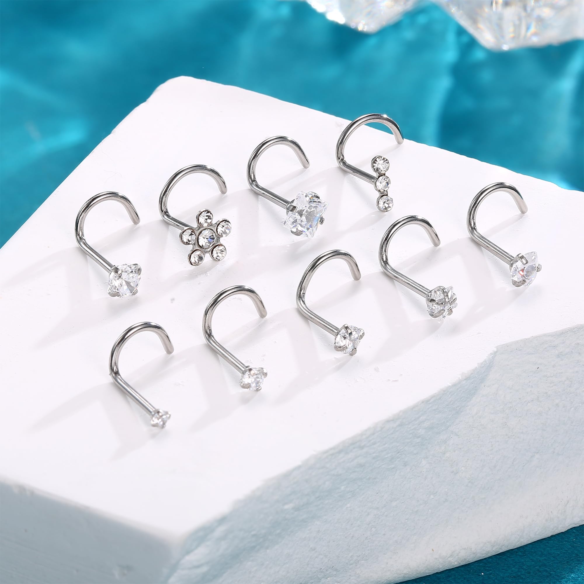 LOLIAS Zestaw kolczyków do nosa, 20 g, stal chirurgiczna w kształcie litery L i śruba, srebrna i złota biżuteria z cyrkonią od 1,5 mm do 4,5 mm, do wszystkich kolczyków do nosa, biżuteria dla kobiet i