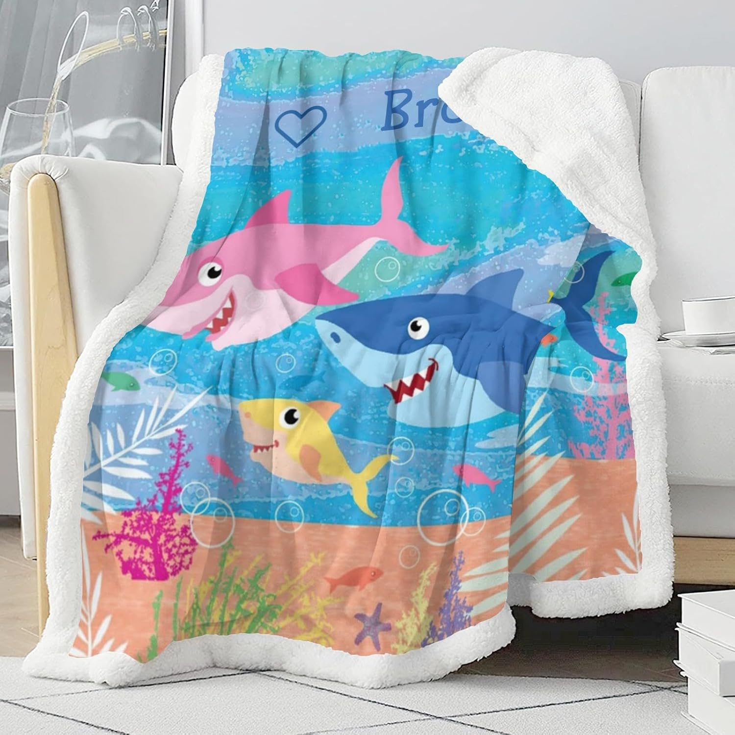 Pink Blue Sea Shark Personalized Sherpa Baby Blankets for Boys Girls,Soft Newborn Naps Custom Name Blanket for Shower Gift 50x60 in, Option10