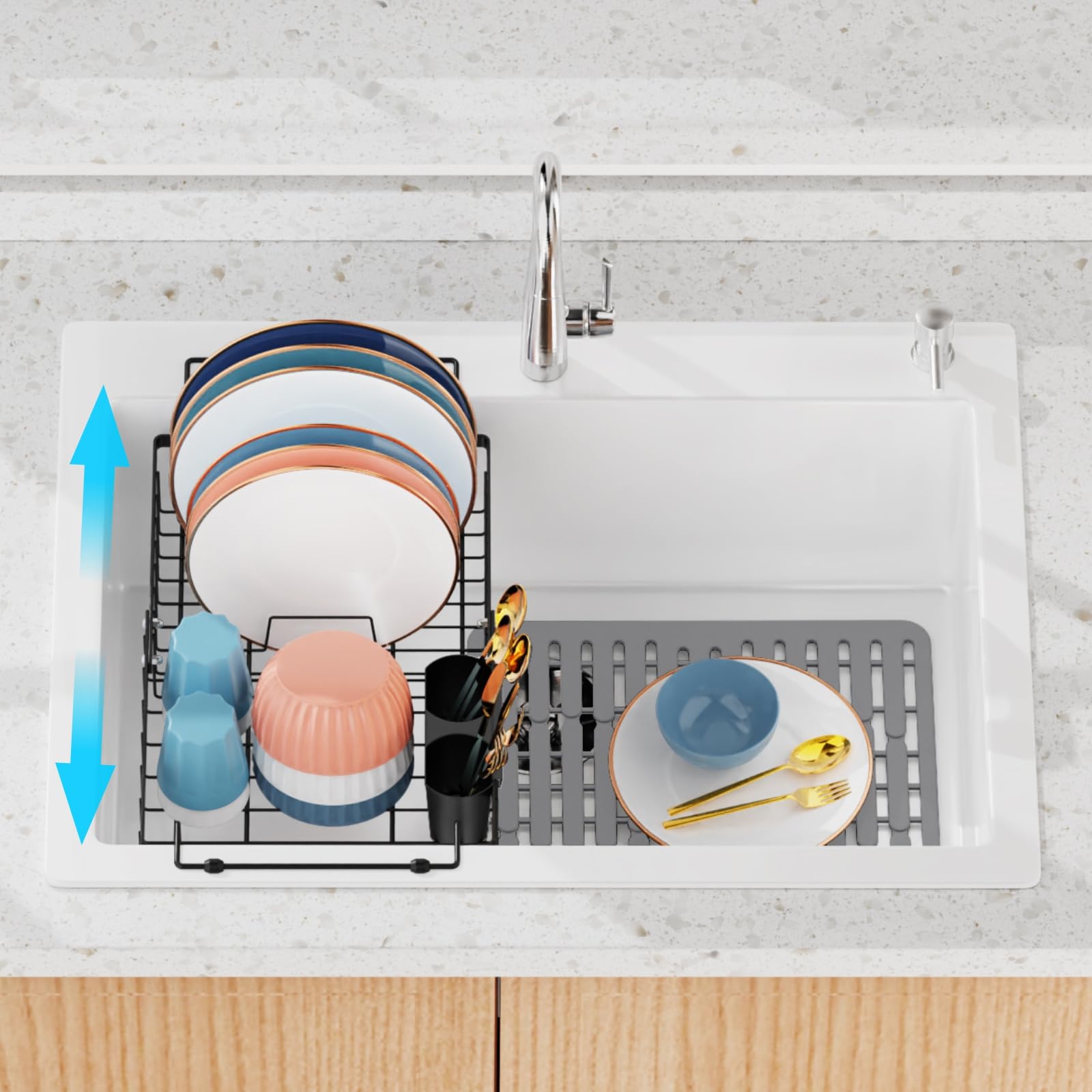 iSPECLE Expandable Dish Drying Rack - Adjustable Capacity (12.4''-17.1''L) Over The Sink Drainer Drying Rack for Kitchen Counter, Dish Rack with Utensil Holder, Black