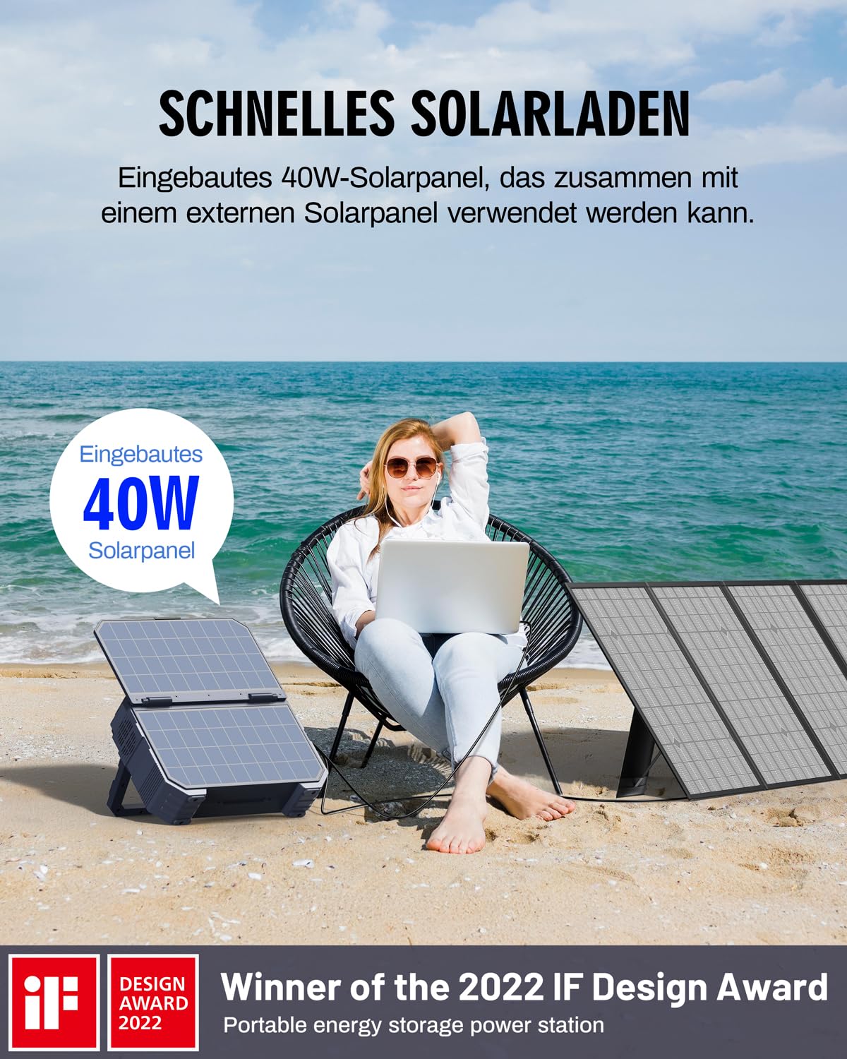 BROWEY Tragbare Power Station 1024Wh 1600W (3200W Spitze) mit integriertem 40W Solarpanel, 100W USB-C PD Ein-/Ausgang, Solar Generator mit LiFePO4 Batterie für Camping, Wohnmobil & Stromausfall
