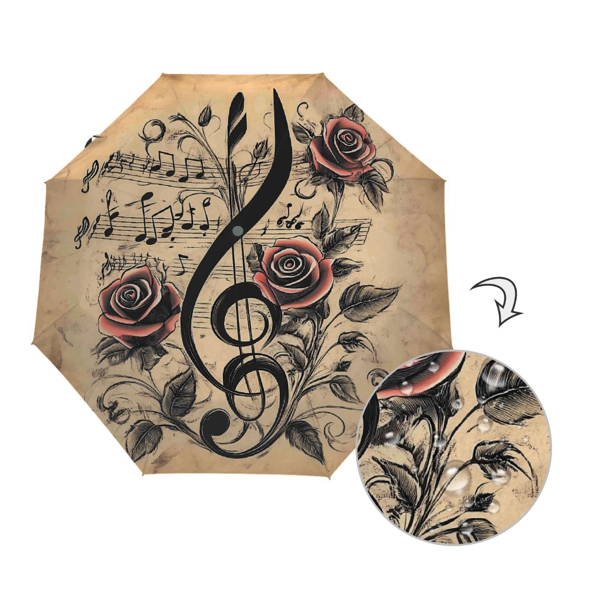 Ombrello pieghevole vintage con note musicali rosa ombrello da viaggio compatto antivento impermeabile con protezione UV rivestimento nero leggero 8 stecche portatile per pioggia sole
